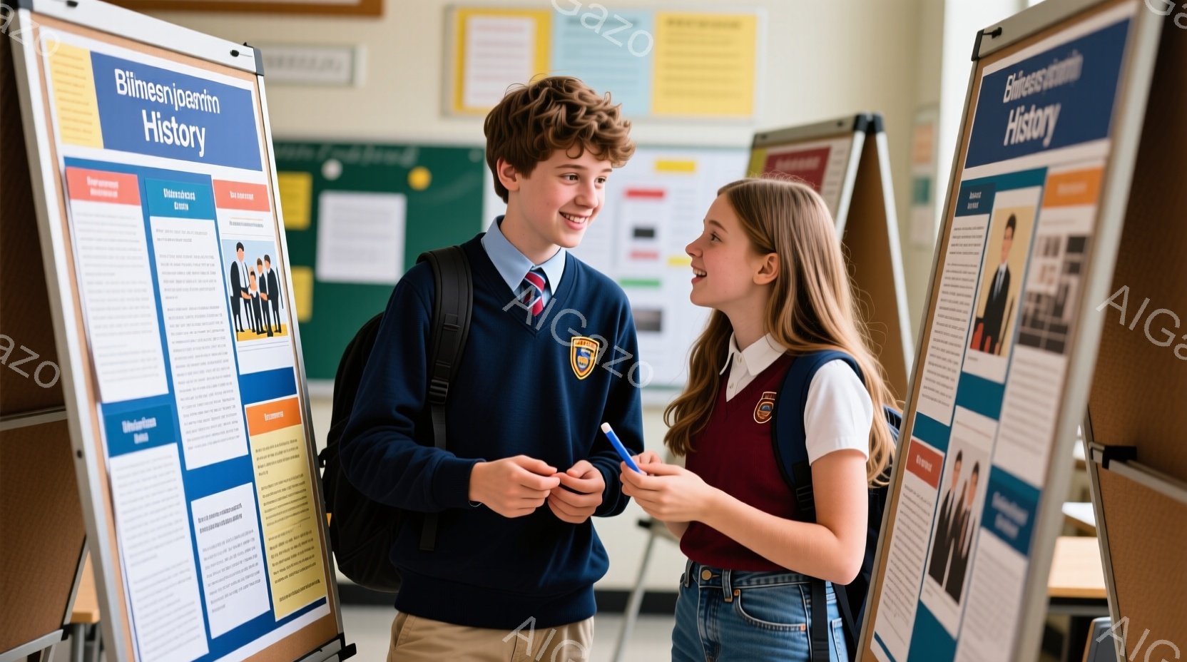 少年と少女が、展示会でポスターを前に楽しそうに会話しています。少年はベージュ色のズボンに紺色のブレザー、赤いネクタイと白いシャツ姿で、少し巻き毛の茶髪です。少女はデニムのスカートに白いTシャツ、赤いカーディガンを着ており、髪は後ろで三つ編みにしています。