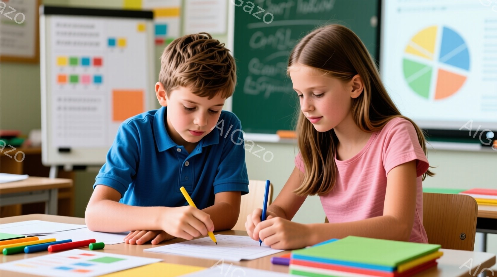 少年と少女が机に向かい、何かを書いている様子が写っている。少年は青いポロシャツを着ており、少し集中した表情をしている。少女はピンクのシャツを着ていて、真剣な眼差しで何かを描いているようで、背景には黒板とカラフルな教材が見える。