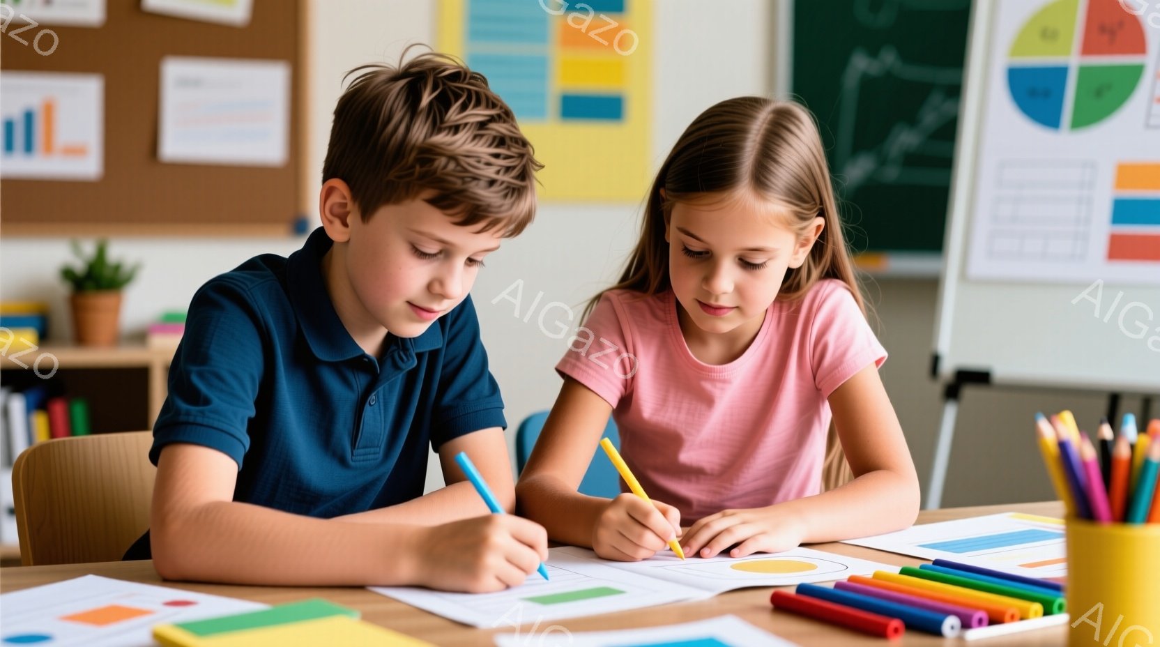 少年と少女が机に向かい、色鉛筆で何かを描いている。少年は青いポロシャツを着ており、少し微笑んでいる。少女はピンクのTシャツを着て集中した表情で、背景にはカラフルな教材や椅子が見え、明るく活気のある教室 - AI生成フリー素材