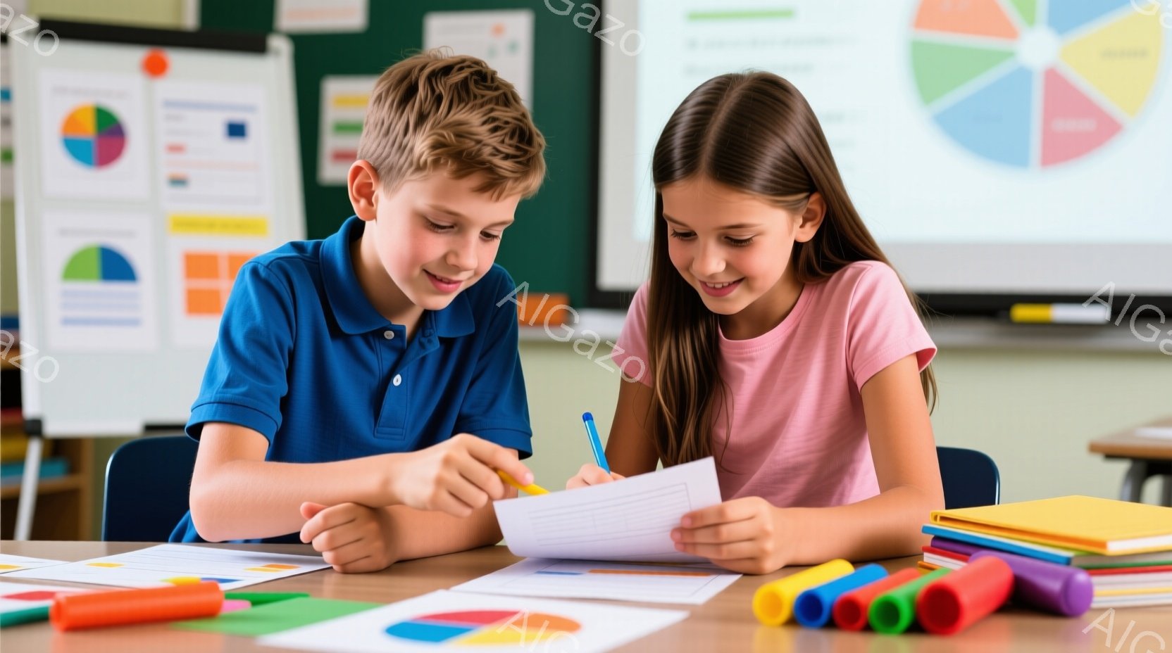 少年と少女が机に向かい、何かを書き込んでいる様子が写っている。少年は青いポロシャツを着ており、茶色の髪は短く整えられている。少女はピンク色のTシャツを着ており、長い茶色の髪を肩から垂らしている。二人は集中した表情で、手にはペンを持っている。