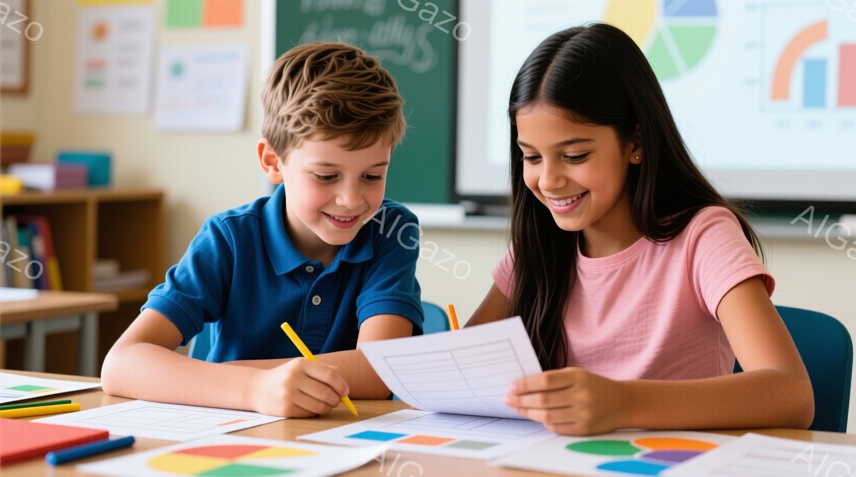 少年と少女が机に向かい、何かを一緒に取り組んでいます。少年は青いポロシャツを着ており、金髪で短い髪をしています。少女はピンクのTシャツを着ており、長い黒髪で笑顔を浮かべています。