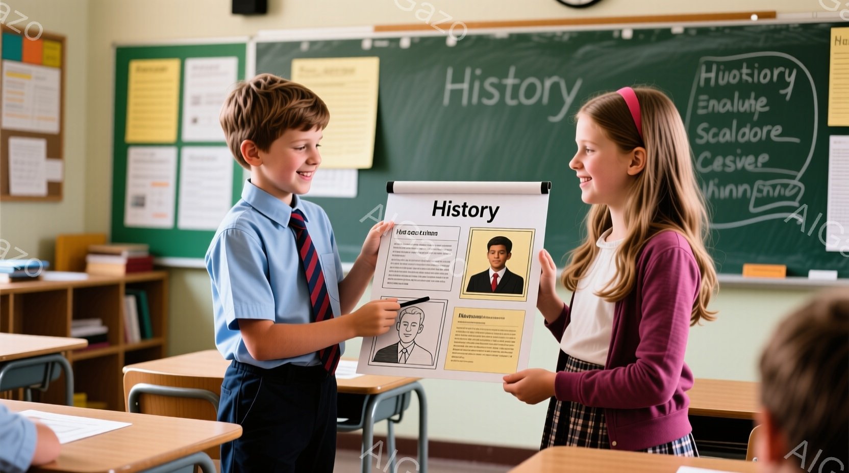 教室で、少年と少女が歴史のポスターを共有している様子が描かれています。少年は青いシャツにズボンを履き、短い茶色の髪で、笑顔でポスターを少女に差し出しています。少女はセーターとチェック柄のスカートを着用 - AI生成フリー素材