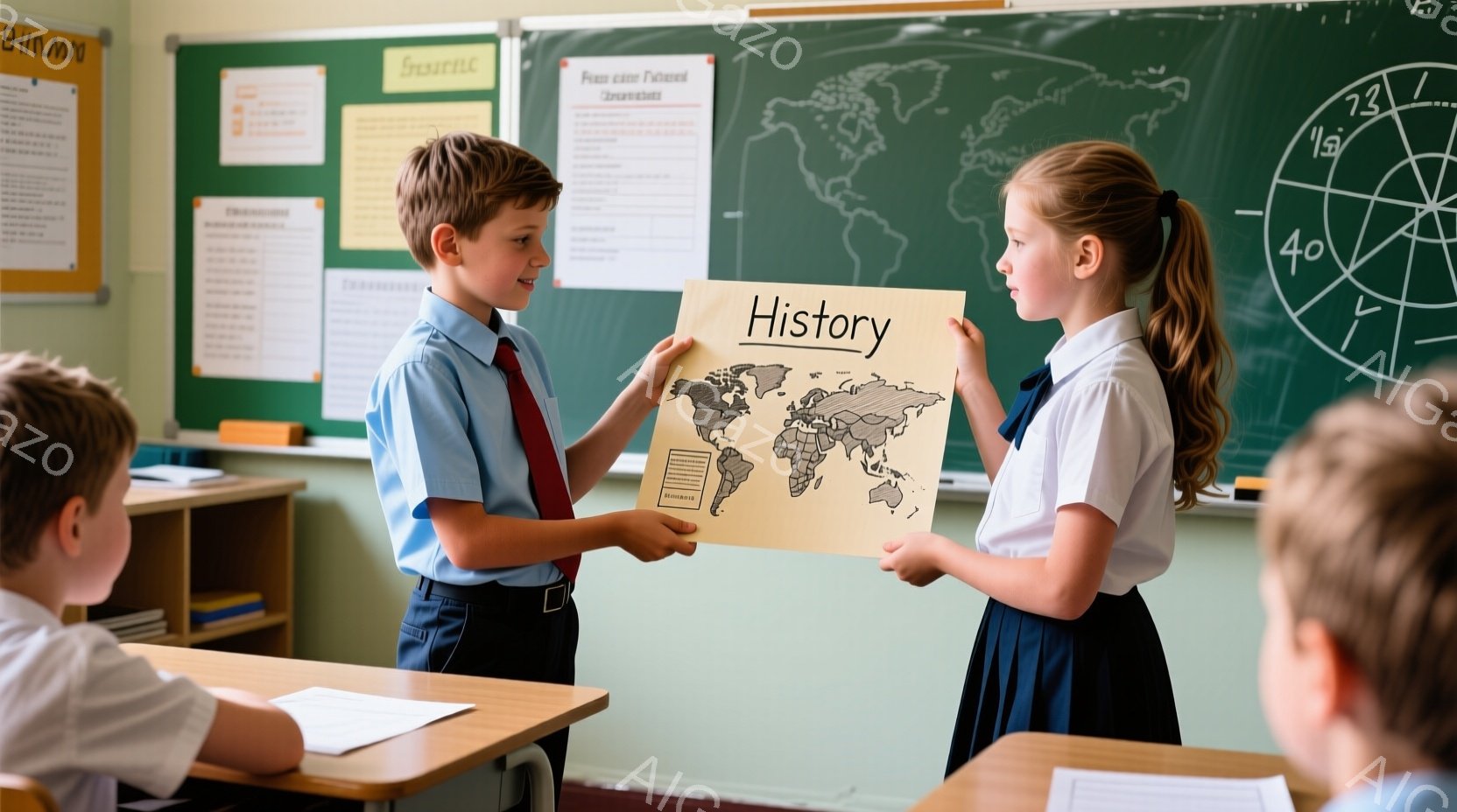 教室で、少年が少女に地図が描かれた画用紙を渡しています。少年は青いシャツにネクタイ、少女は白いシャツと紺色のスカートを着ており、明るい表情で互いに向き合っています。教室の背景には、他の生徒や黒板、机などが写っており、学習風景を表現しています。