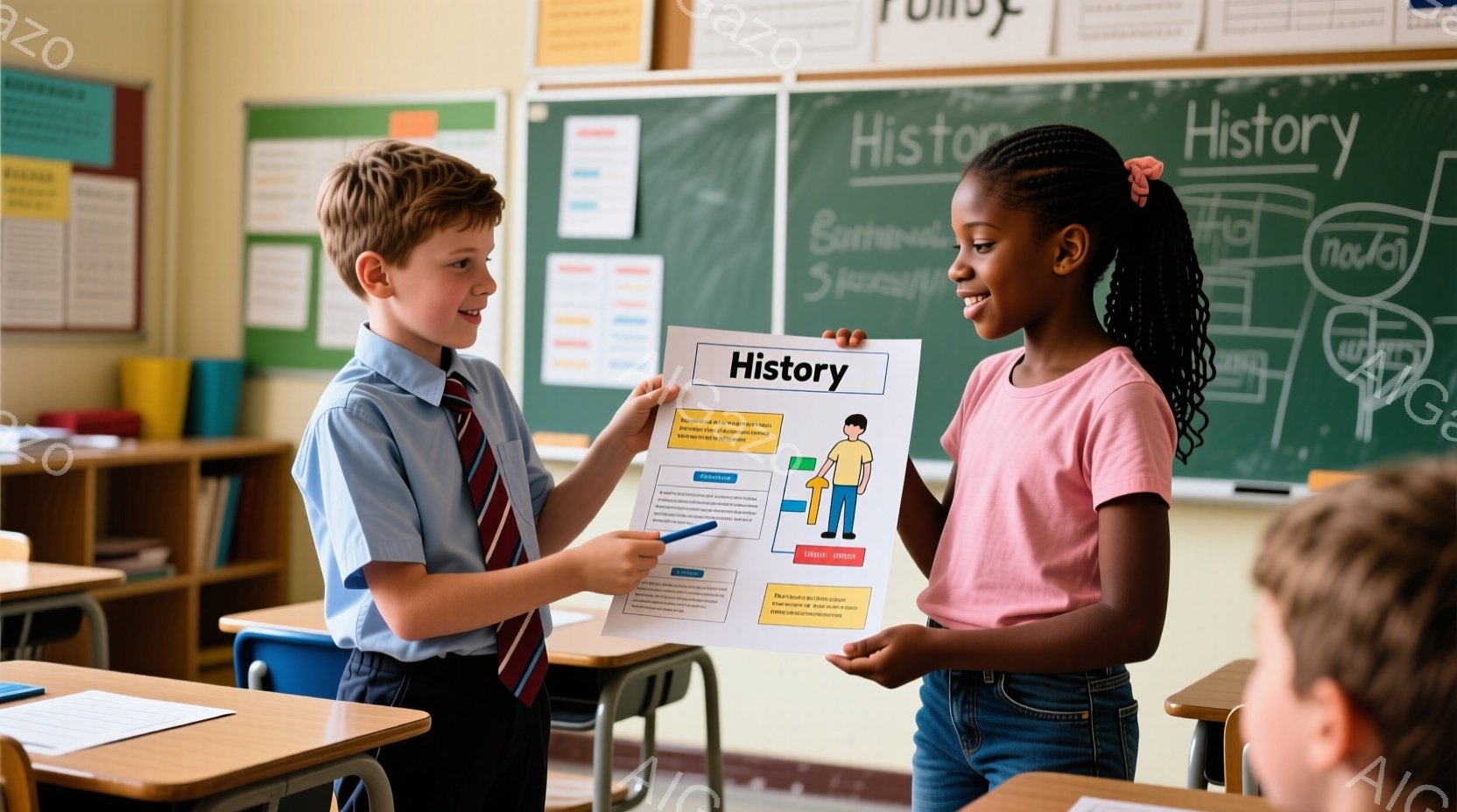 教室で、少年と少女が互いに向かい合って何かを共有している様子が写っています。少年は青いシャツにネクタイ、少女はピンクのシャツを着ており、ともに笑顔で、楽しそうな雰囲気です。教室には机や椅子が並び、黒板 - AI生成フリー素材