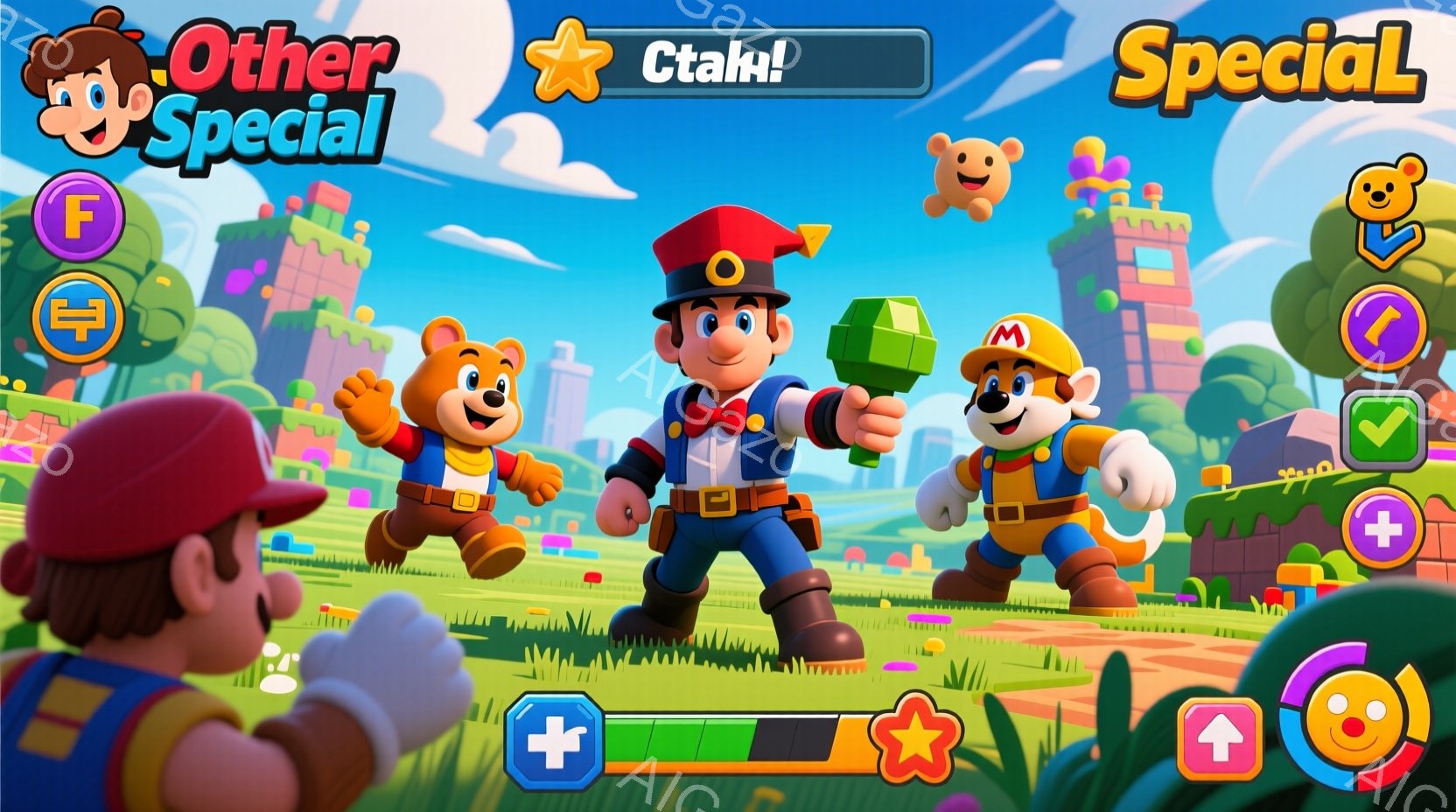 鮮やかな緑の草原に、作業着を着た3人のキャラクターが立っています。中央のキャラクターはヘルメットをかぶり、レンチを構え、他の2人はヘルメットを被り、楽しそうな表情でポーズをとっています。背景にはカラフルな建物や丘、そして晴れた青空が広がっており、全体的に明るく楽しい雰囲気です。