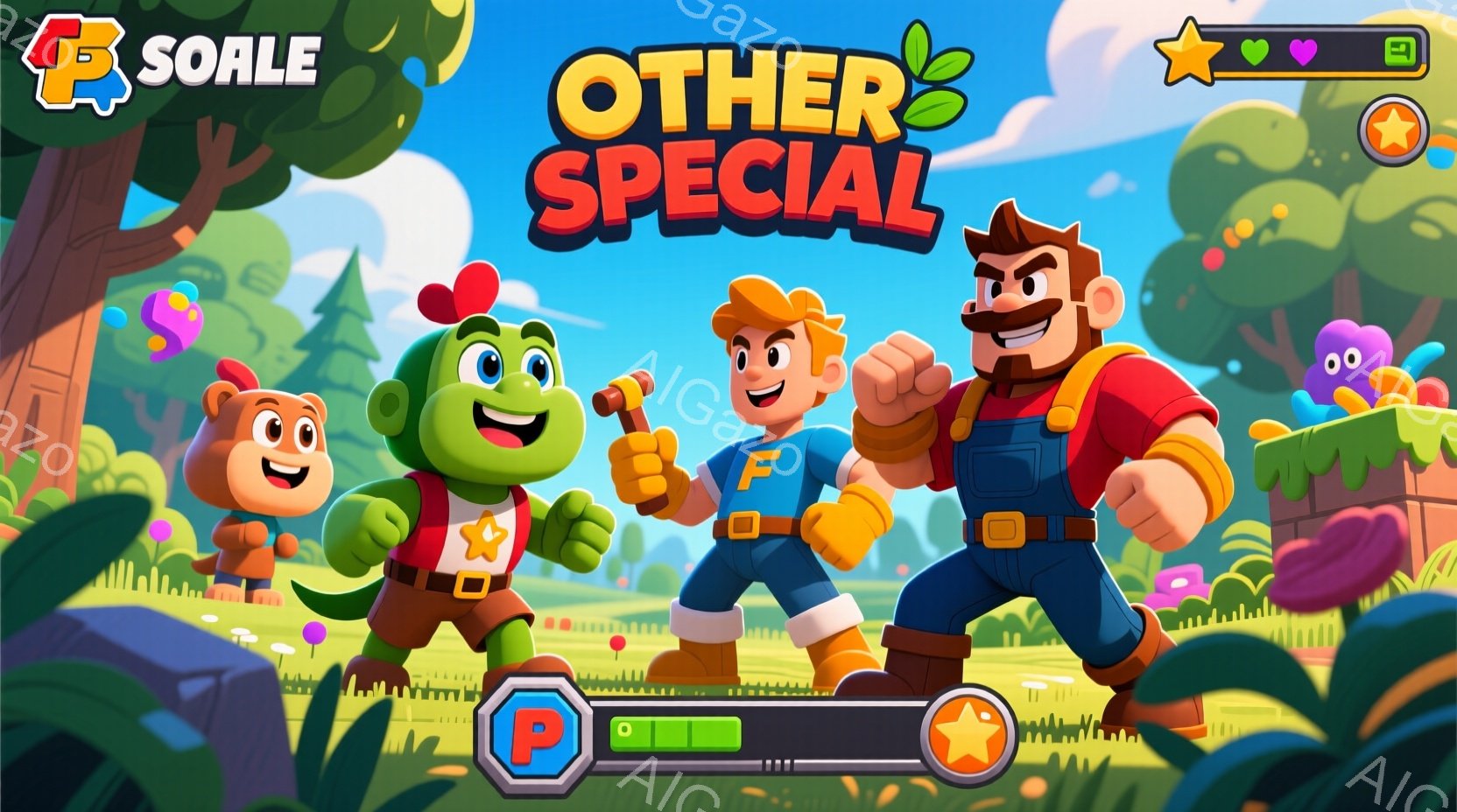 カラフルなキャラクターたちが緑豊かな自然の中でポーズをとっている様子を描いています。緑色のキャラクターは赤いベストを着ており、笑顔で片手を上げています。背景には、かわいらしい家々や色とりどりの花々が見 - AI生成フリー素材