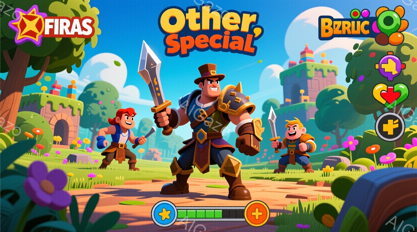 明るい緑の草原に、剣を持ったキャラクターたちが立っている。中央のキャラクターは、茶色の髪と髭、鎧と赤いベストを着ており、自信に満ちた表情をしている。背景には、カラフルな建物と木々が見え、晴れた日の穏や - AI生成フリー素材