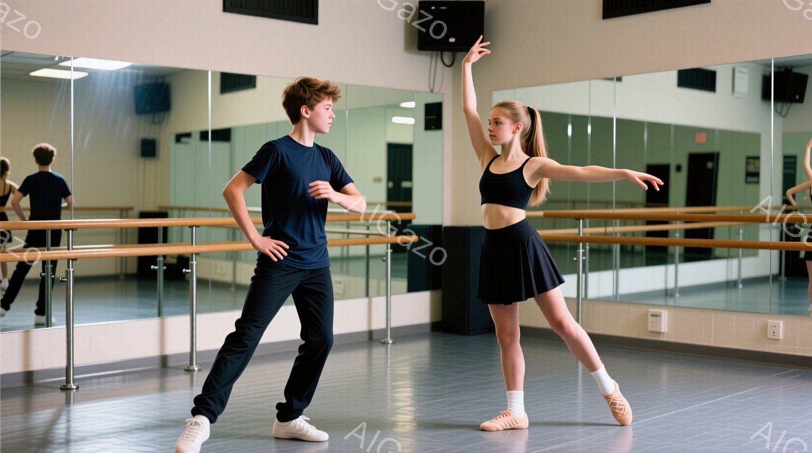 バレエスタジオで、若い男女が練習しています。少年は濃い青色の長袖シャツと黒いズボン、白いスニーカーを履き、リラックスした姿勢で立っています。少女は黒いキャミソールと短い黒いスカート、バレエシューズを履き、片足を上げて優雅なポーズをとっています。