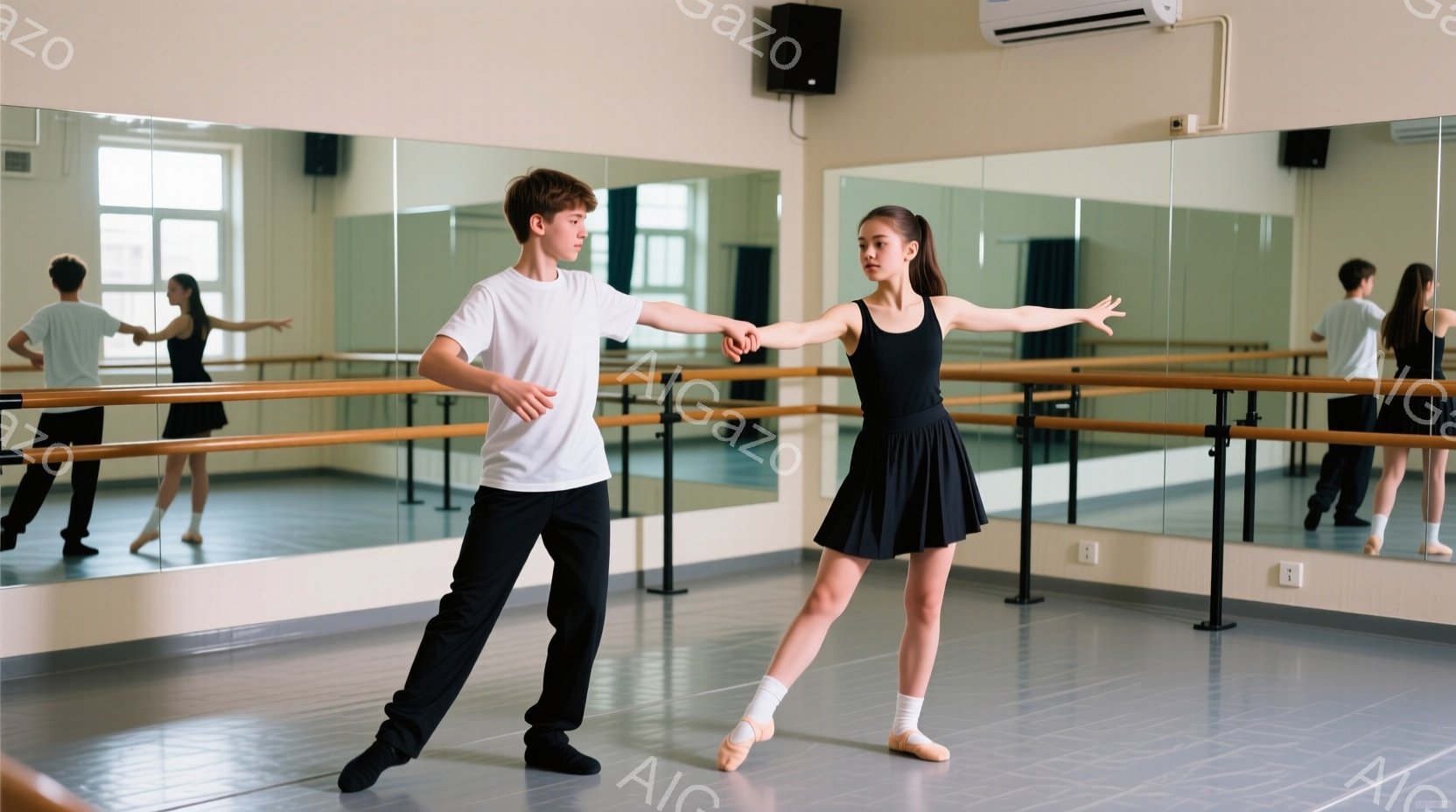 バレエの練習をしている少年少女が写っています。少年は白のTシャツと黒のズボンを着用し、少女は黒のレオタードとチュールスカート、バレエシューズを履いています。二人はバレエのバーを背にして、パートナーと手をつないでポーズをとっており、練習室の壁一面の鏡に姿が映り込んでいます。
