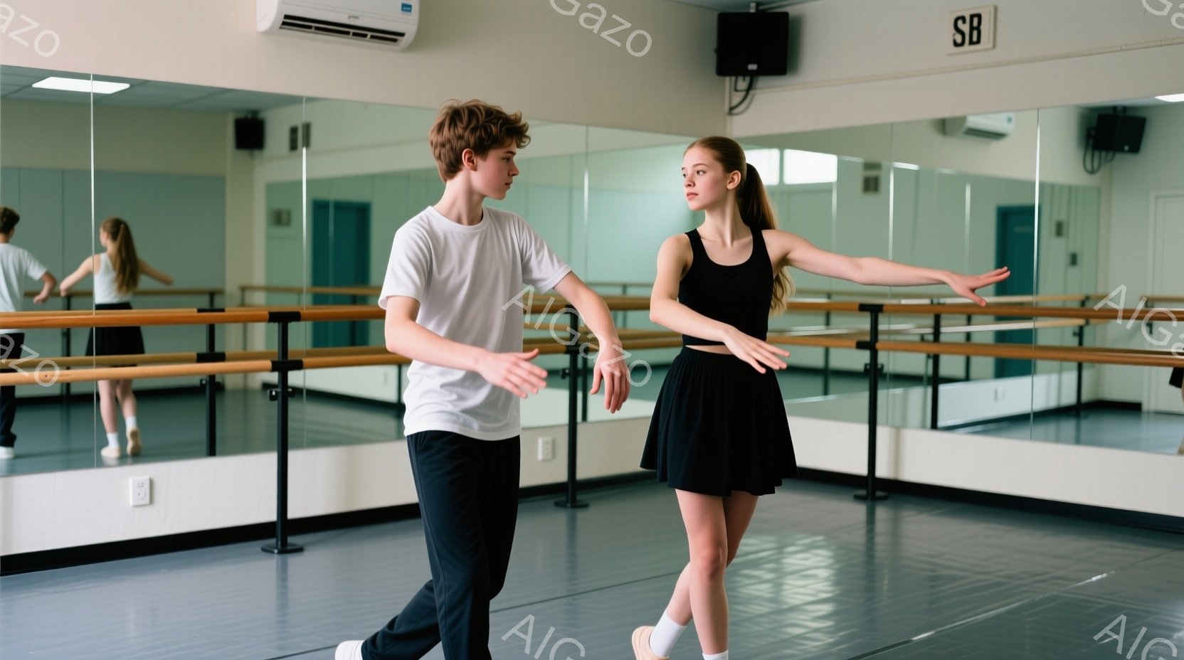 バレエ教室で、少年と少女がペアになって踊っています。少年は白いTシャツに黒いズボン、少女は黒いキャミソールに黒いスカートを着用し、両者とも白い靴下とバレエシューズを履いています。教室は鏡張りの壁で囲まれ、バレエバーが設置されており、他の生徒も練習している様子が見えます。