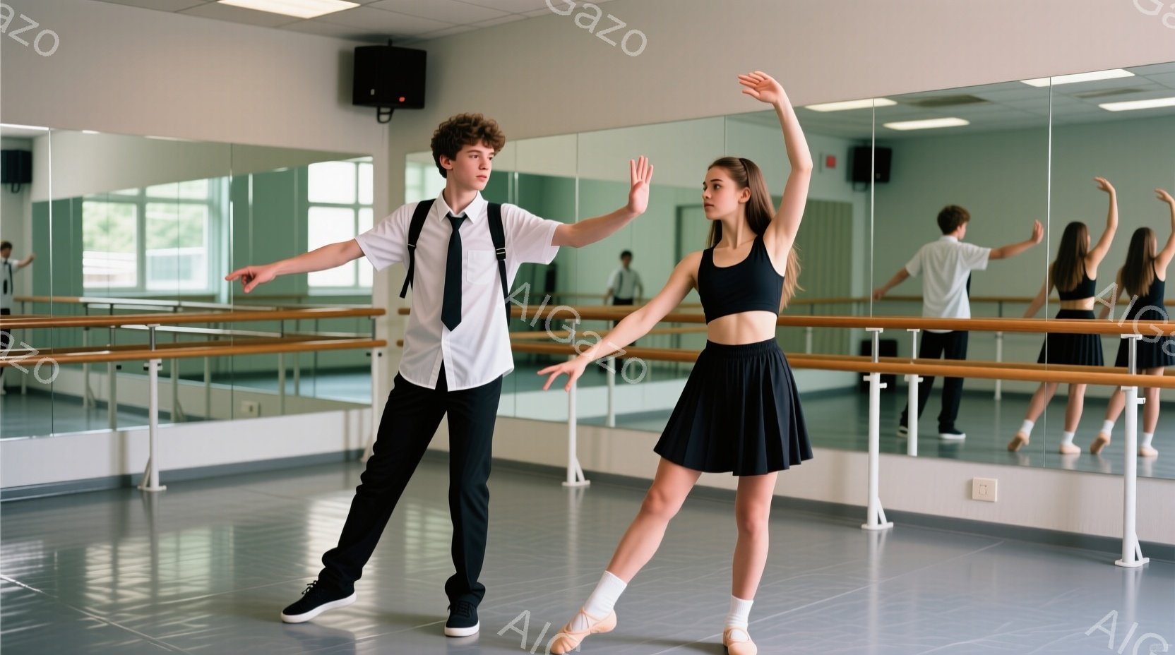 バレエのスタジオで、若い男女がバレエのポーズをとっています。少年は白いシャツに黒いズボン、黒いセーターを羽織り、少女は黒いスポーツブラと短い黒いスカート、バレエシューズを履いています。背景には他の生徒がバーを掴んで練習している姿が鏡に映っており、明るく清潔感のあるスタジオが広がっています。