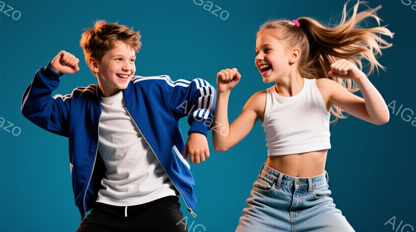 少年と少女は、鮮やかな青色の背景を背景に、ジャンプして喜びを表現しています。少年は白いTシャツに黒いズボン、青いジップアップジャケットを着ており、髪は赤毛で短く整えられています。少女は白いクロップドト - AI生成フリー素材