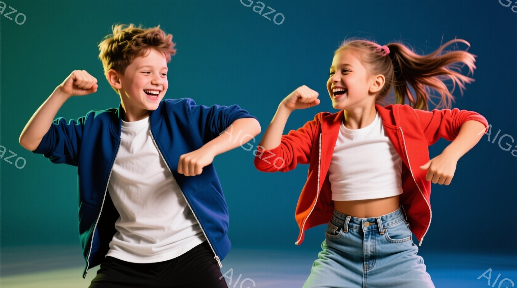 少年と少女が、青と赤のジャージを着て、両腕を曲げて力強く拳を握り、笑顔でポーズをとっています。少年は短い茶色の髪で、少女は高い位置で結んだ髪をしており、動きのあるポーズで活気に満ちた雰囲気です。背景は青色のグラデーションで、子供たちのエネルギッシュな表情と動きが際立っています。