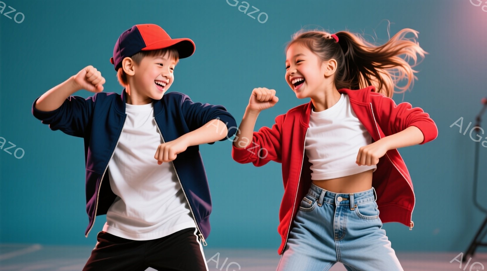 少年と少女がダンスをしている様子が写っています。少年は青いジャケット、白いTシャツ、黒いズボンに赤い帽子をかぶり、少女は赤いジャケット、白いTシャツ、デニムのジーンズを着用しています。二人は笑顔で腕を - AI生成フリー素材