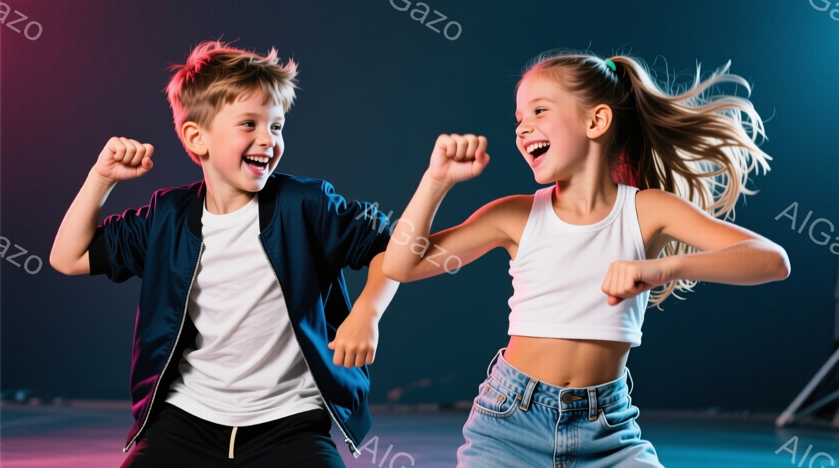 少年と少女が、青とピンクの照明が当たったスタジオで踊っています。少年は白いTシャツに紺色のジャケット、少女は白いタンクトップにデニムのショートパンツを着用しており、二人とも笑顔で腕を振り上げています。 - AI生成フリー素材