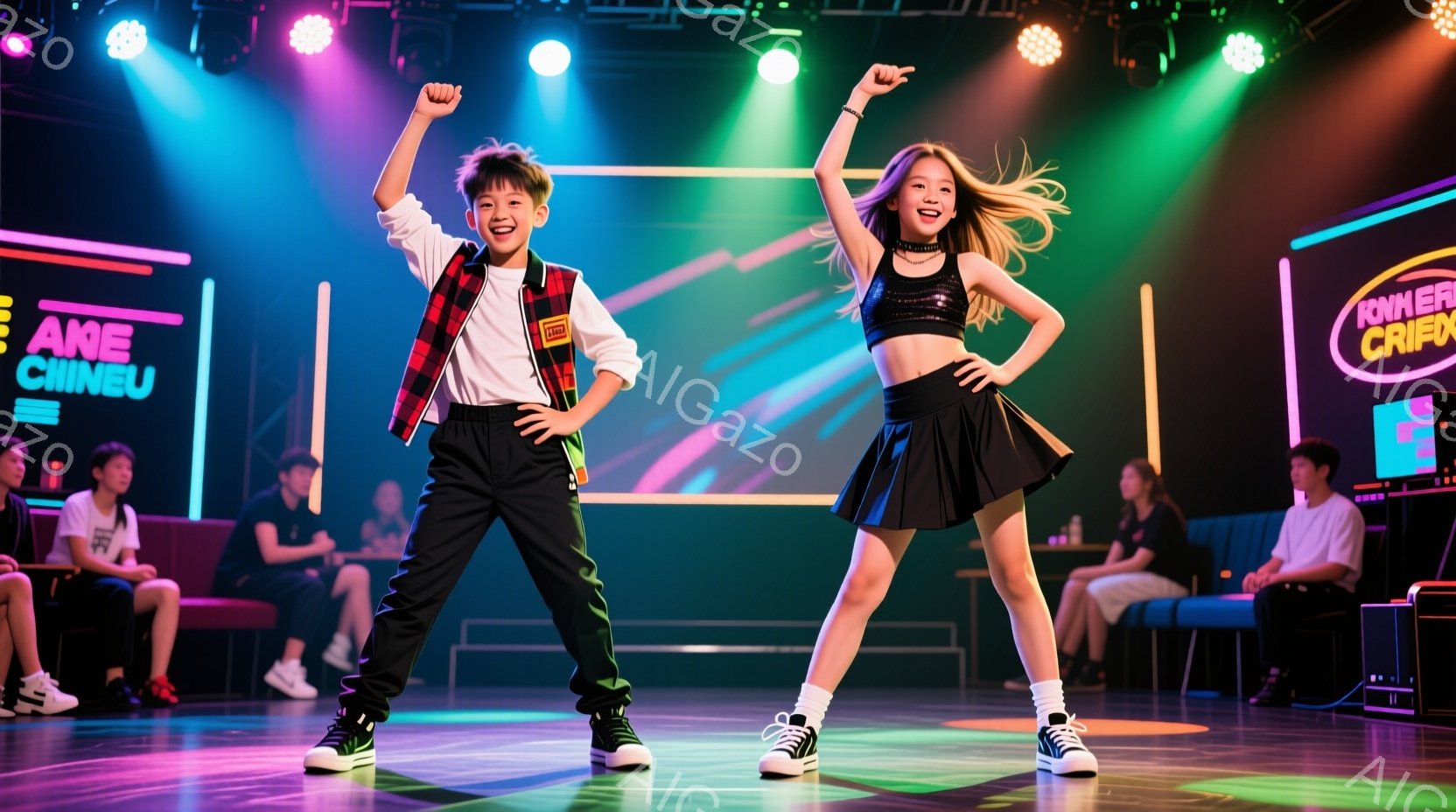 少年と少女がステージ上で踊っています。少年は黒のズボンと白いシャツに、赤いベストを羽織り、高いスニーカーを履いています。少女は黒いタンクトップとフレアスカートを身につけ、髪をポニーテールにしています。 - AI生成フリー素材