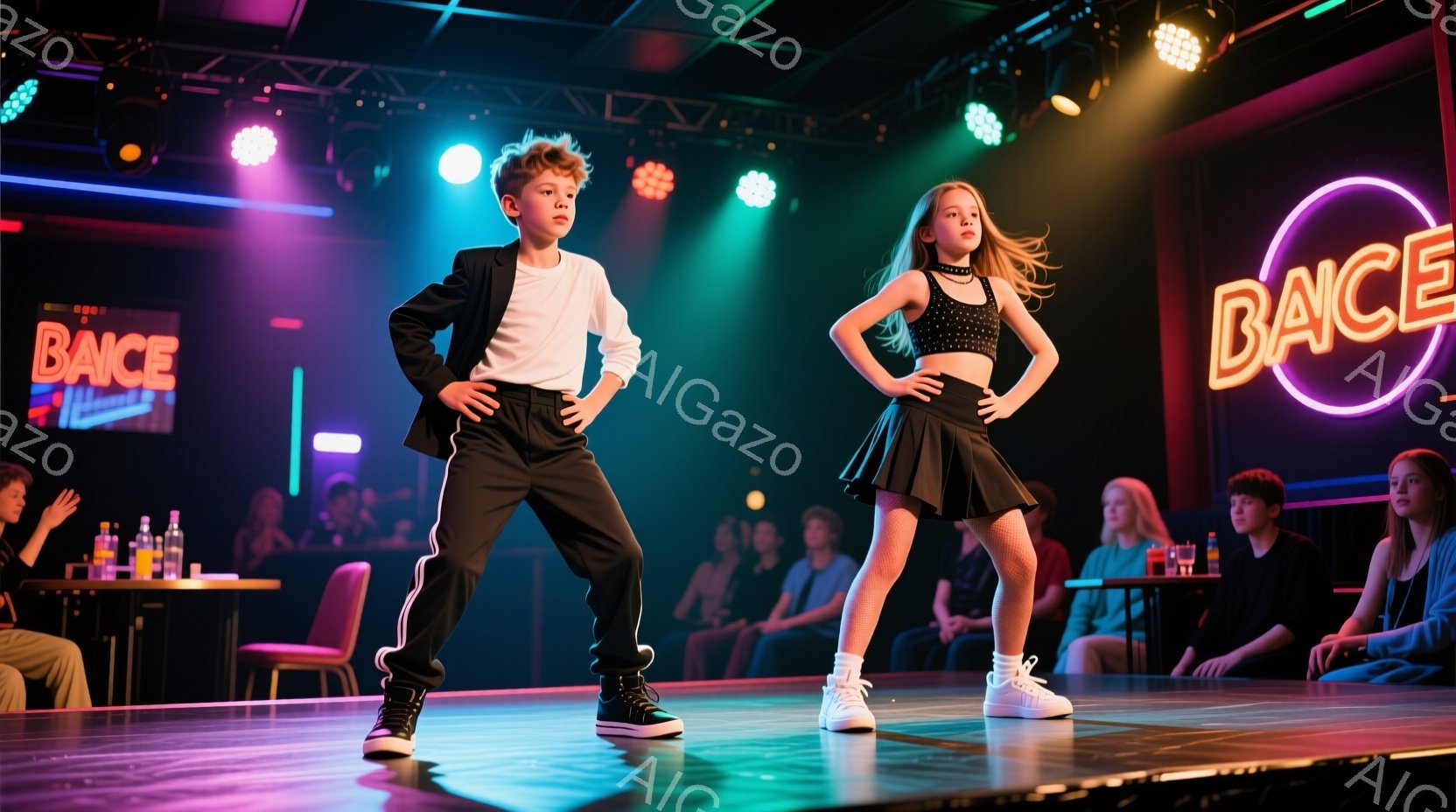ステージ中央に立つ少年と少女が、ダンスパフォーマンスを披露している。少年は黒いジャケットとパンツ、白いTシャツ姿で、少し挑発的な表情をしている。少女は黒いクロップドトップスとプリーツスカート、白いスニ - AI生成フリー素材