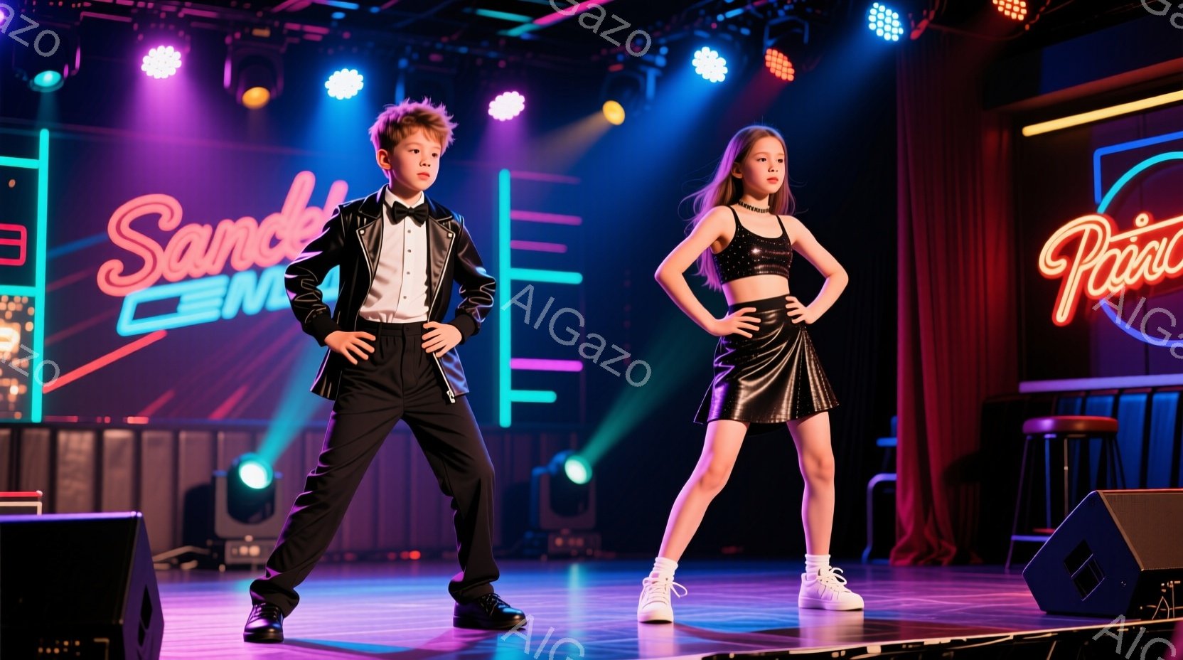 ステージ上で少年と少女が踊っています。少年は黒いジャケット、白いシャツ、黒いズボンを着用し、髪はアップスタイルで、自信に満ちた表情をしています。少女は黒いタンクトップとミニスカートを着用し、白いスニー - AI生成フリー素材