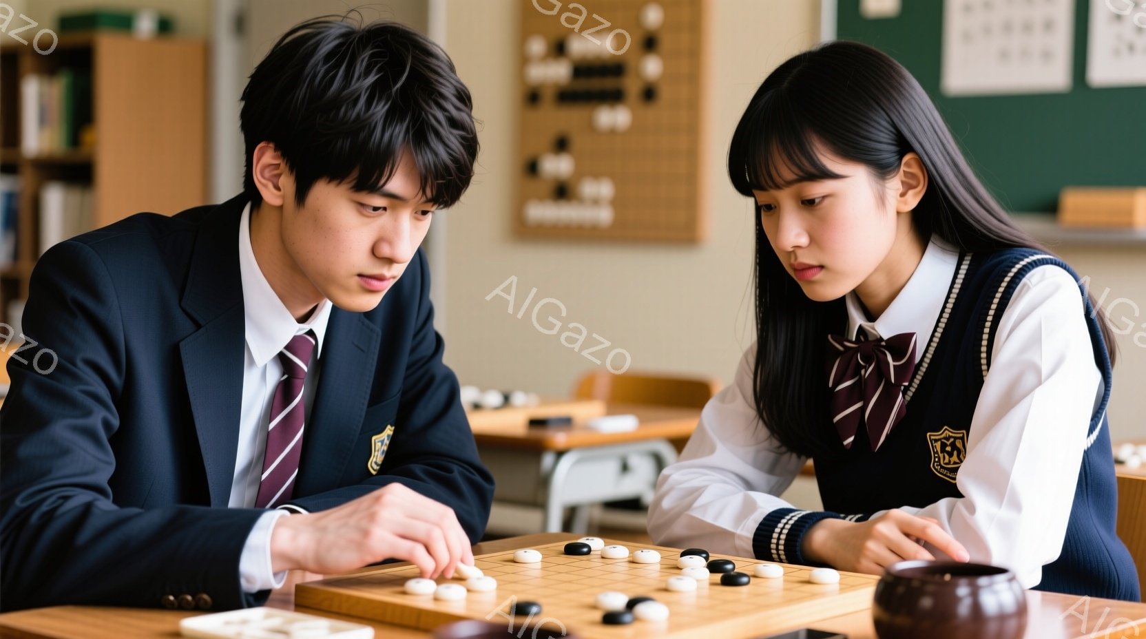 制服を着た少年と少女が囲碁盤に向かい合って座り、真剣な表情で対局しています。少年はダークブラウンの髪を短く整え、少女はロングヘアをサイドに流し、どちらも集中した眼差しで次の手を考えています。背景には教室の机と棚があり、落ち着いた雰囲気の中で知的な対戦が繰り広げられています。