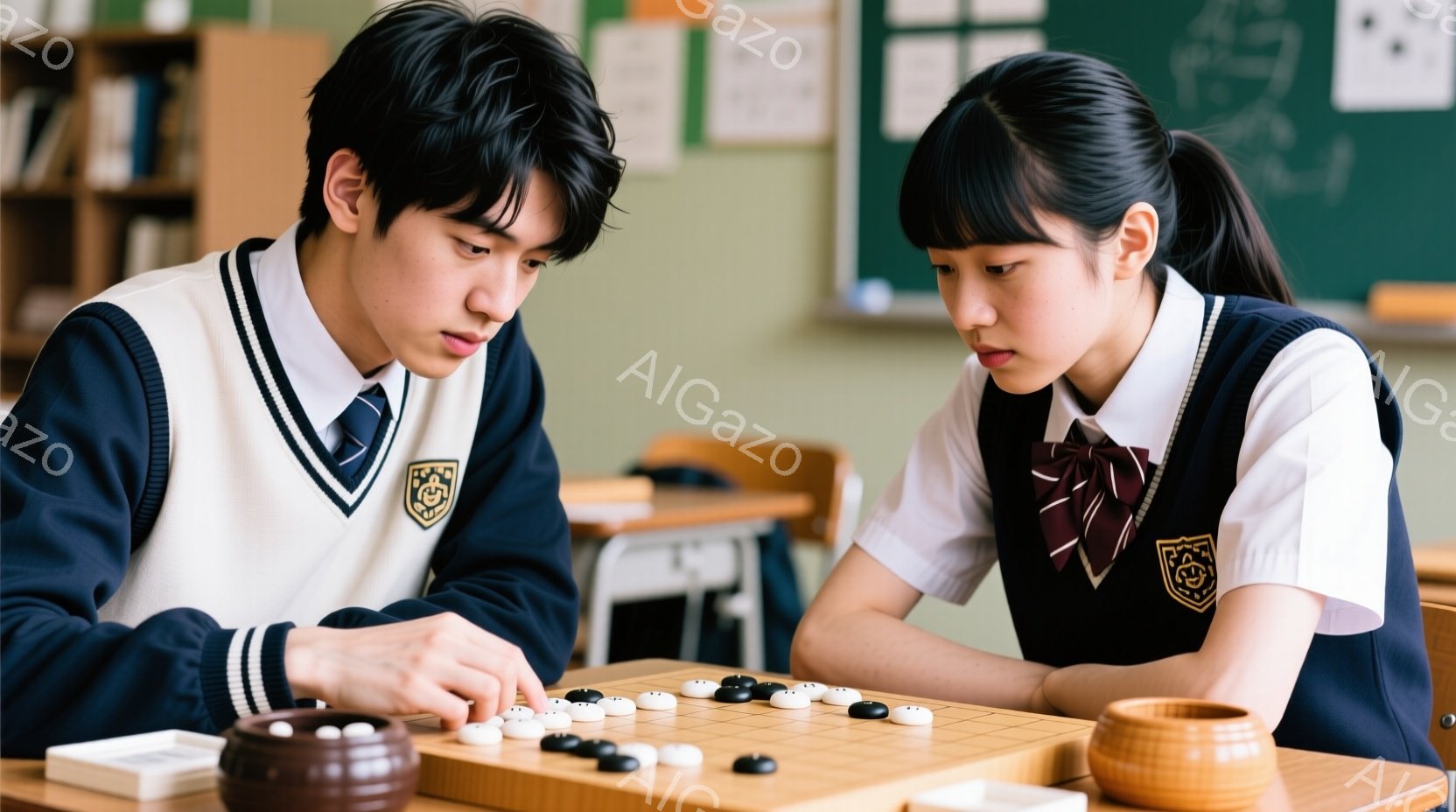 制服を着た少年と少女が碁盤に向かい、碁石を配置しています。少年は紺色のブレザーにネクタイ、少女は紺色のブレザーにリボンを結んだヘアスタイルで、どちらも真剣な表情でゲームに集中しています。教室の背景には、他の机や黒板があり、穏やかで集中した雰囲気です。