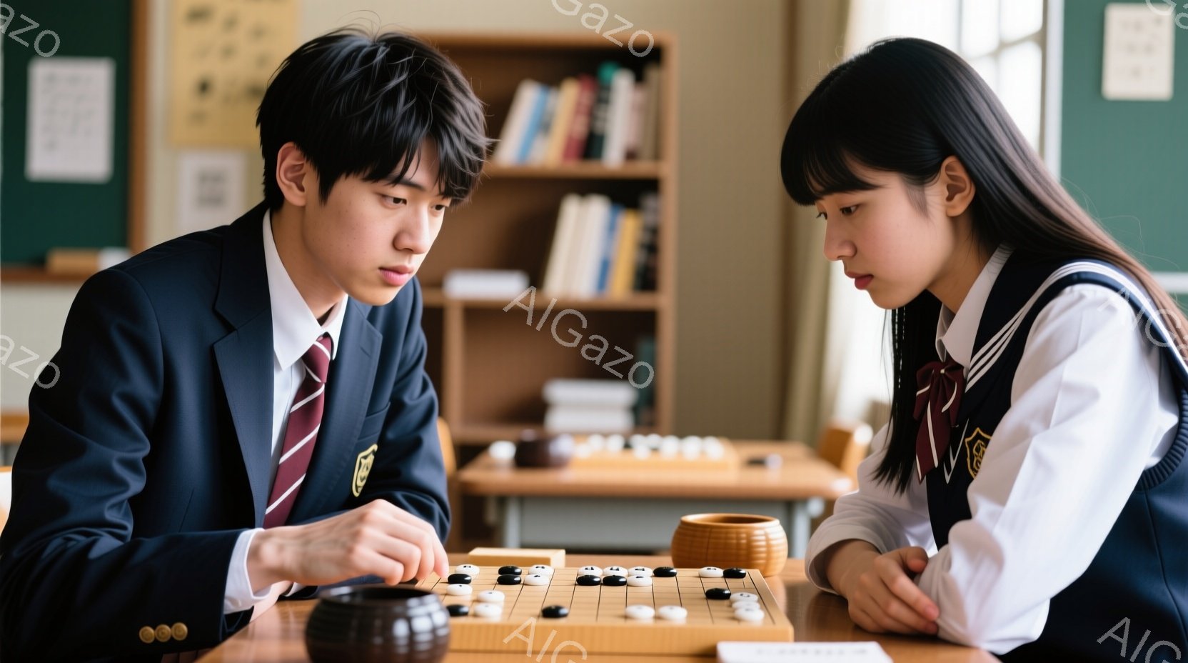 制服を着た少年と少女が碁盤に向かい合って集中して碁を打っている。少年は黒い髪で、真剣な表情で次の手を考えている。背景には本棚と教室の机が見え、静かで落ち着いた雰囲気が漂っている。