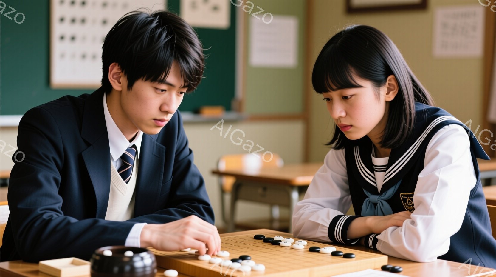 制服を着た少年と少女が碁盤に向かい合って碁を指している。少年は黒い髪で、真剣な表情で碁石を手に取ろうとしている。少女は長い前髪と三つ編みの髪型で、少し眉間にしわを寄せ、集中して対局を見つめている。