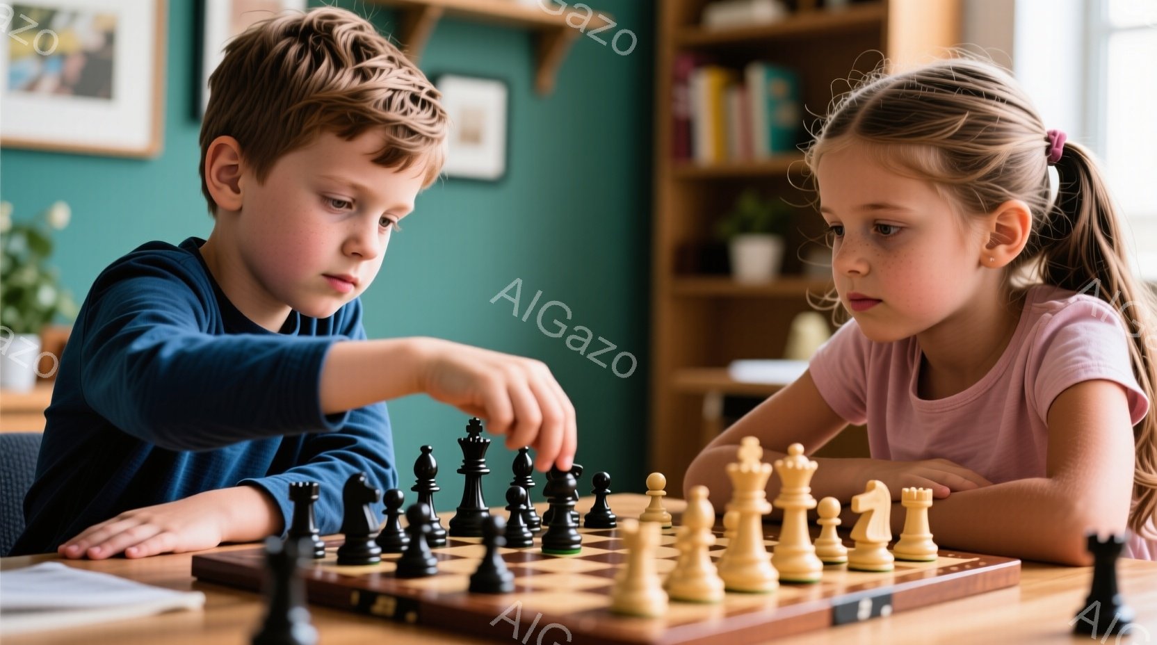 少年と少女がチェス盤を前に集中して対戦しています。少年は紺色のセーターを着ており、髪は短く、真剣な表情で駒を動かしています。少女はピンク色のTシャツを着ており、髪をポニーテールにしており、同じく集中した面持ちで次の手を考えています。