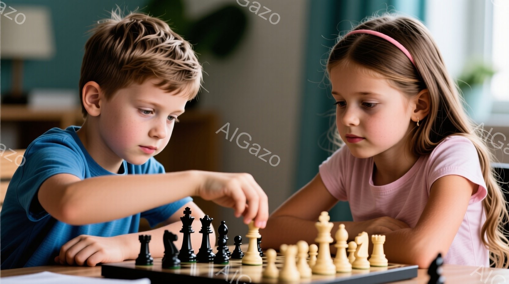 少年と少女がチェス盤に向かい合って座っており、少年は駒を動かそうとしています。少年は青いTシャツを着ており、短く刈り込まれた髪で、集中した表情をしています。少女はピンクのTシャツを着て髪を後ろでまとめており、少し考え込んでいるような表情で、背景にはぼやけた室内が見えます。