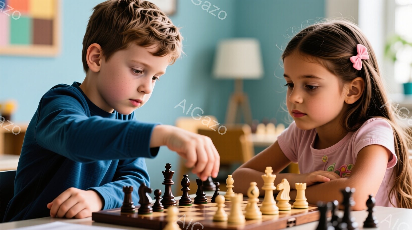 少年と少女がチェス盤を前に集中して対戦している様子が写っている。少年は青いセーターを着ており、茶色の髪を短く切っている。少女はピンク色のシャツを着ており、黒髪を後ろで結んでいる。 - AI生成フリー素材