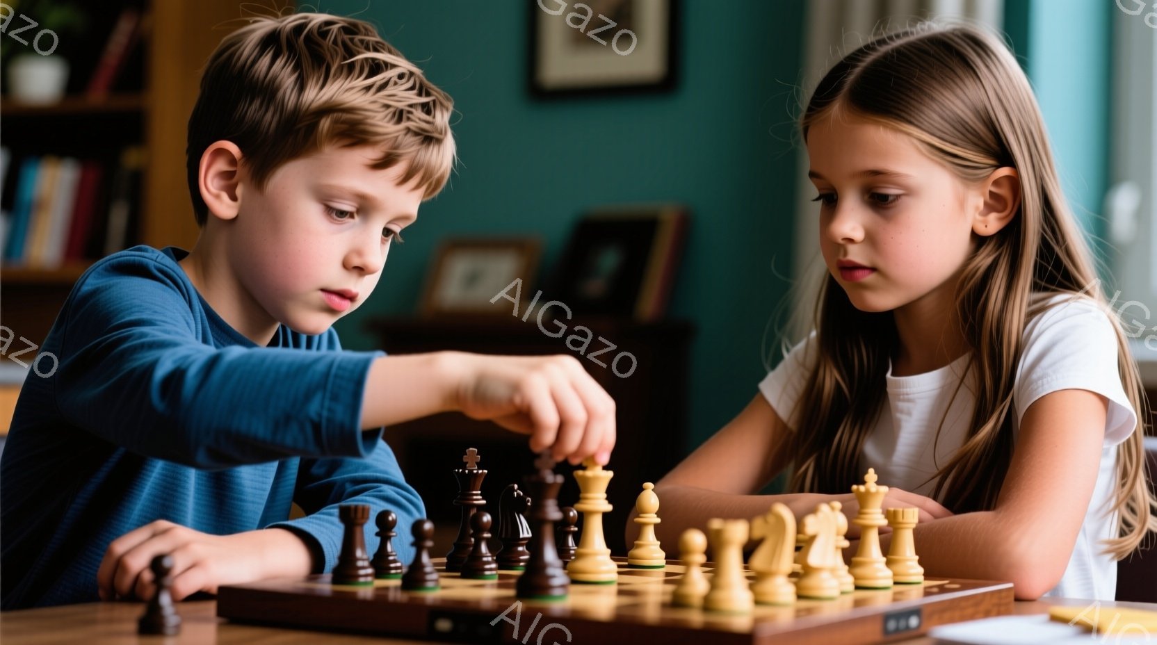 少年と少女がチェス盤を前に集中して対戦しています。少年は青いシャツを着ており、少し髪が長く、真剣な表情で駒を動かそうとしています。少女は白いシャツを着ており、髪を後ろで結んでいて、考え込んでいる様子です。