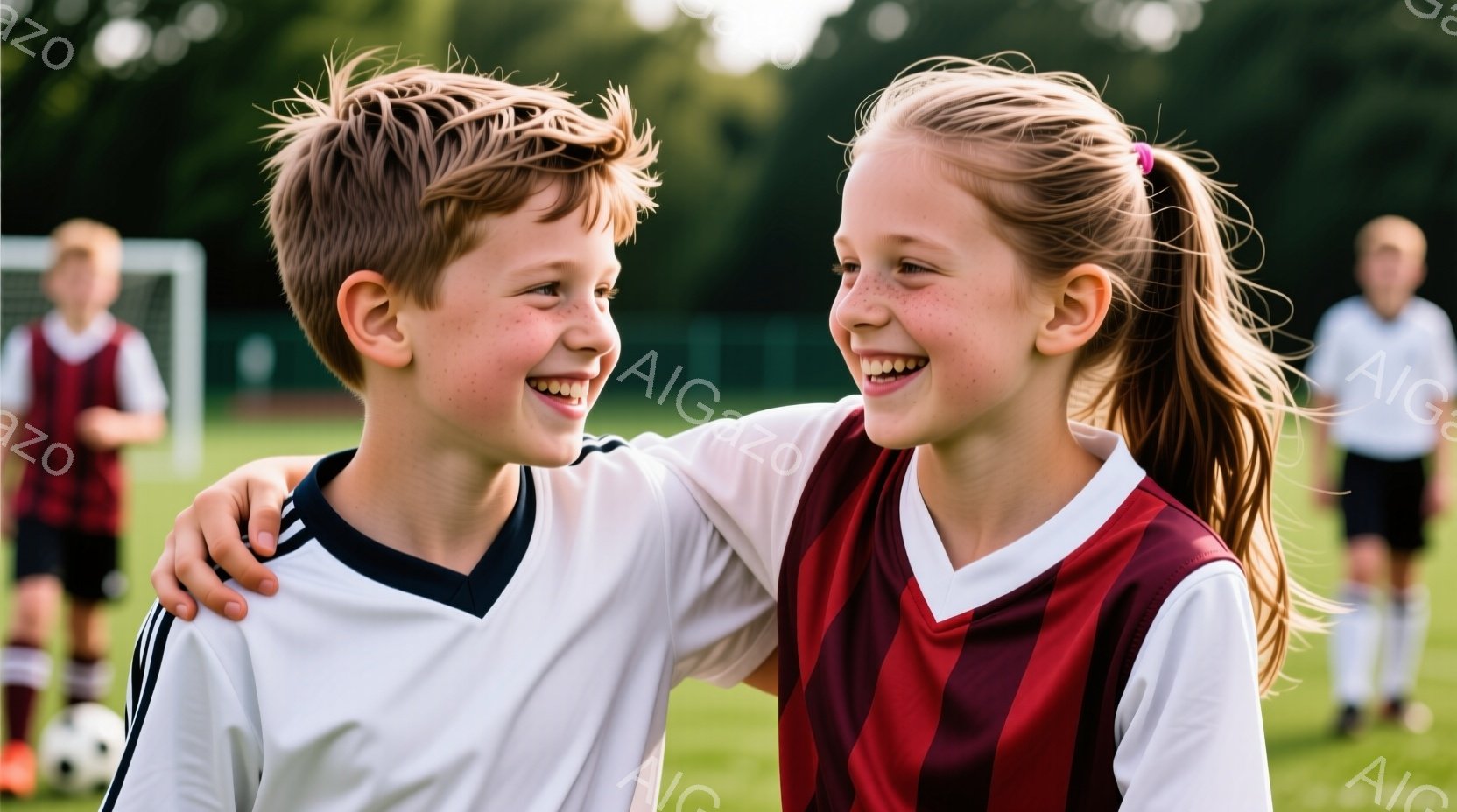 少年と少女がサッカーコートで肩を並べて笑顔を浮かべている。少年は白地に紺のラインが入ったサッカーシャツを着ており、髪は短く明るい茶色、表情は喜びにあふれている。少女は赤と黒のストライプのサッカーシャツを着て、髪をポニーテールにまとめ、頬にはそばかすがあり、こちらも満面の笑みを浮かべている。