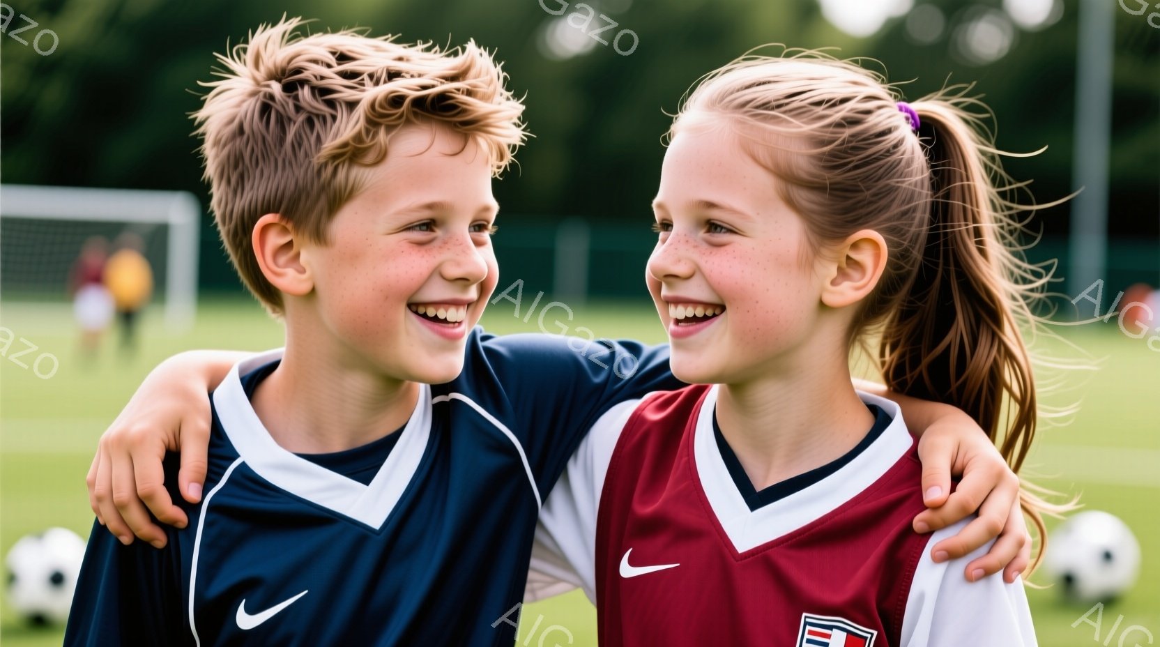 二人の子供はサッカー場の緑の芝生の上に立っており、互いに肩を組んで笑顔を浮かべている。少年は濃い青色のサッカーユニフォームに白いラインが入っており、髪は明るい茶色で少しカールしている。少女はワインレッ - AI生成フリー素材