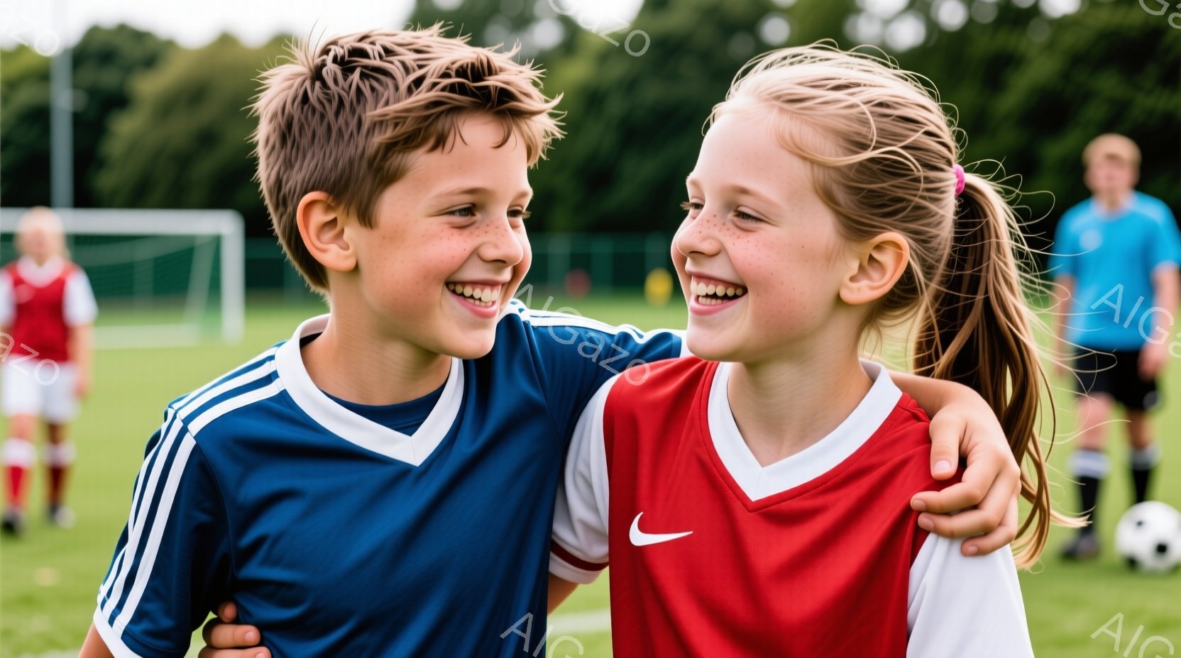 少年と少女がサッカーの練習後か試合後のように、肩を組んで笑顔で立っています。少年は青いサッカーシャツに短髪で、少女は赤いサッカーシャツにポニーテールをしており、どちらも頬にそばかすがあります。背景には緑の芝生、サッカーゴール、そして他の子供たちが写っており、晴れた日の屋外で、明るく活気のある雰囲気が漂っています。