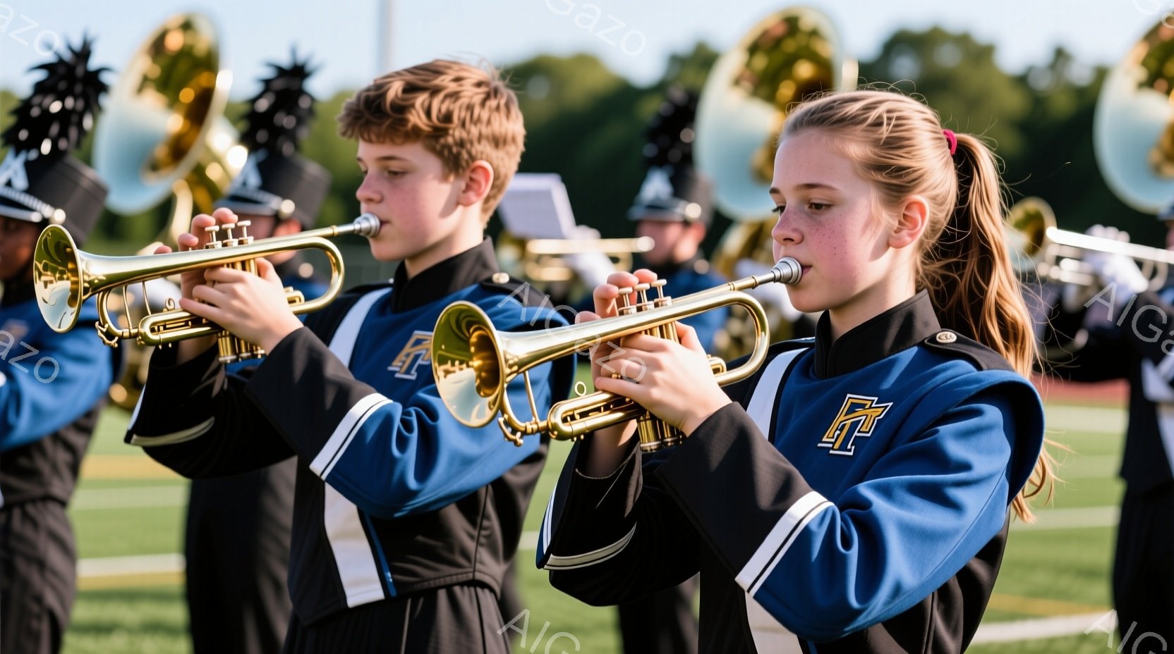 マーチングバンドのメンバーである少年少女が、屋外の緑色の芝生の上でトランペットを演奏している。彼らは濃い青色の制服を着ており、胸には白い文字でロゴが入っている。背景には、他のバンドメンバーや不明瞭な建 - AI生成フリー素材