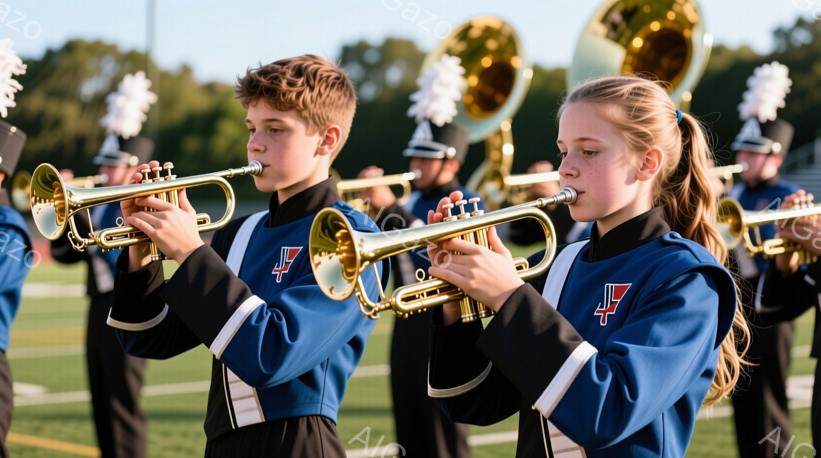 マーチングバンドのメンバーが、青色のユニフォームと黒色のズボンを着用し、真剣な表情でトランペットを演奏しています。メンバーは一列に並び、整然とした姿勢で楽器を構え、集中してパフォーマンスを行っている様子が伺えます。背景には緑の芝生と観客席が見え、晴れた空の下、活気のある屋外イベントの雰囲気が漂っています。