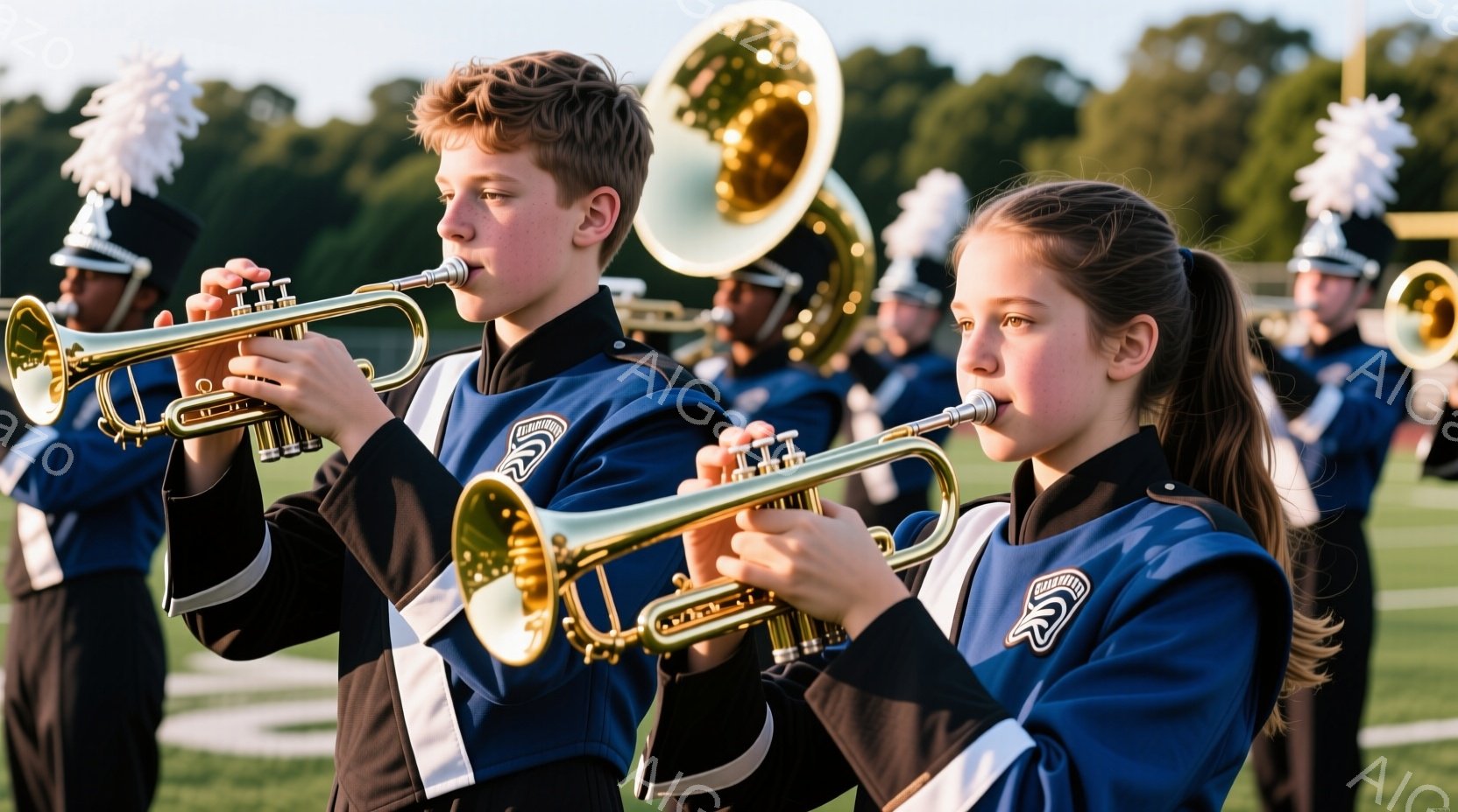 青い制服を着たトランペット奏者の一団が写っています。少年は短い茶色の髪で、真剣な表情で楽器を演奏しています。背景には緑豊かな芝生と、他の楽器奏者、そしてぼやけた木々が見え、晴れた日の屋外での演奏会のよ - AI生成フリー素材
