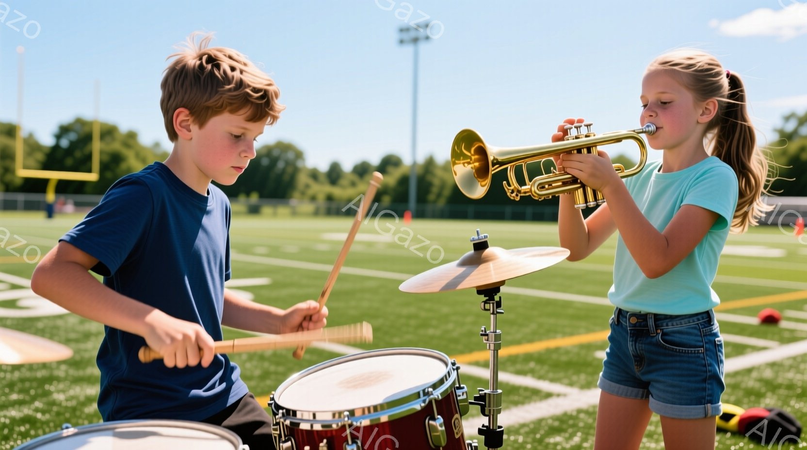少年はドラムセットの前に座り、集中した表情でドラムスティックを握って演奏しています。少女はトランプを吹き、少し頬を膨らませて楽しそうに演奏しています。背景は緑の芝生のフィールドで、遠くに木々が見え、晴 - AI生成フリー素材