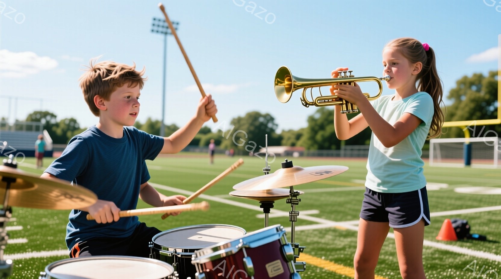 少年はドラムセットの前で、青いTシャツと短いズボンを着用し、両手にドラムスティックを持って、演奏に集中した表情をしています。少女は薄緑色のTシャツと紺色のショートパンツを着用し、金管楽器のトランペット - AI生成フリー素材