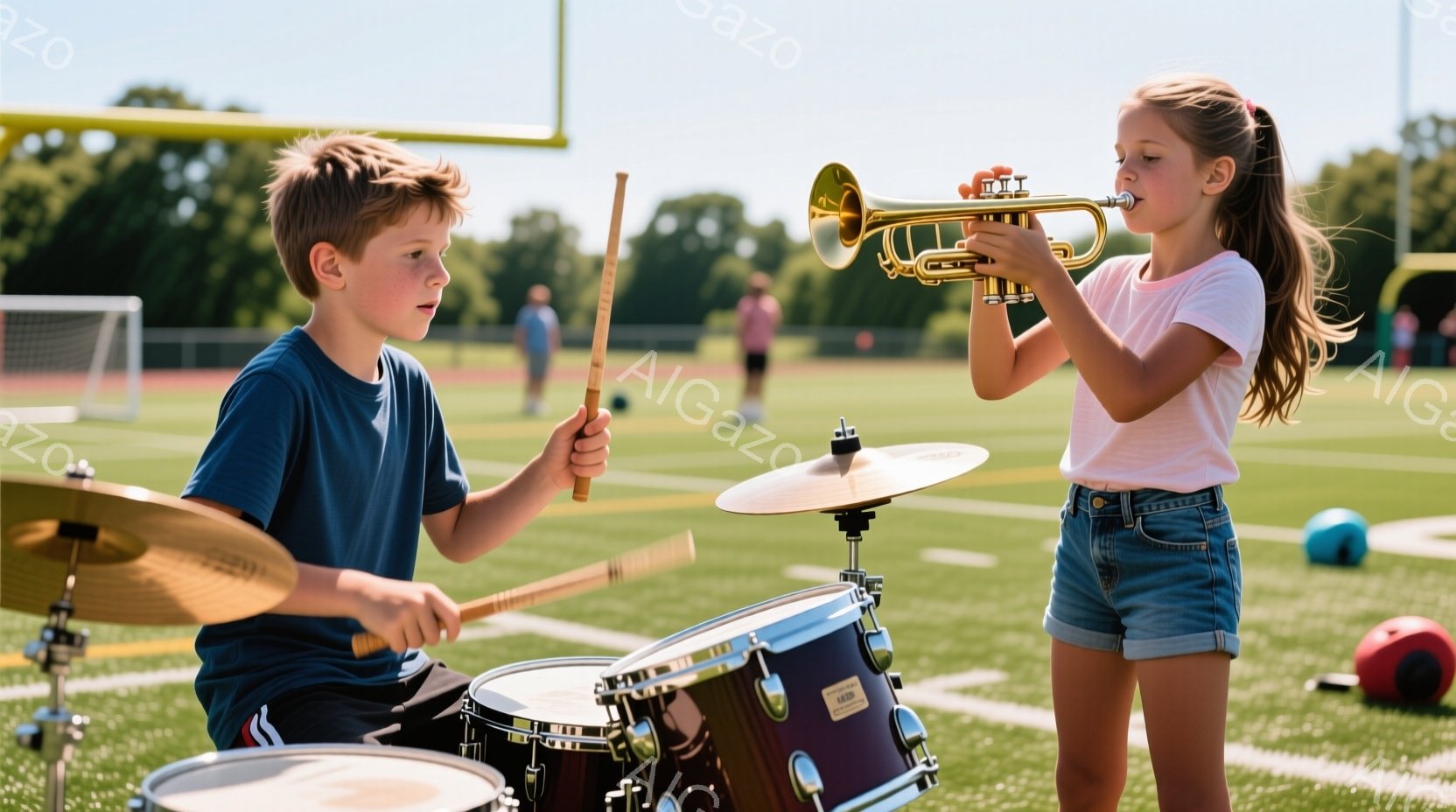 少年はドラムセットの前に座り、スティックを構えて演奏に集中しています。少女はトランペットを吹き、少し口をすぼめて真剣な表情をしています。背景には緑の芝生、アメリカンフットボールのフィールド、そして遠く - AI生成フリー素材