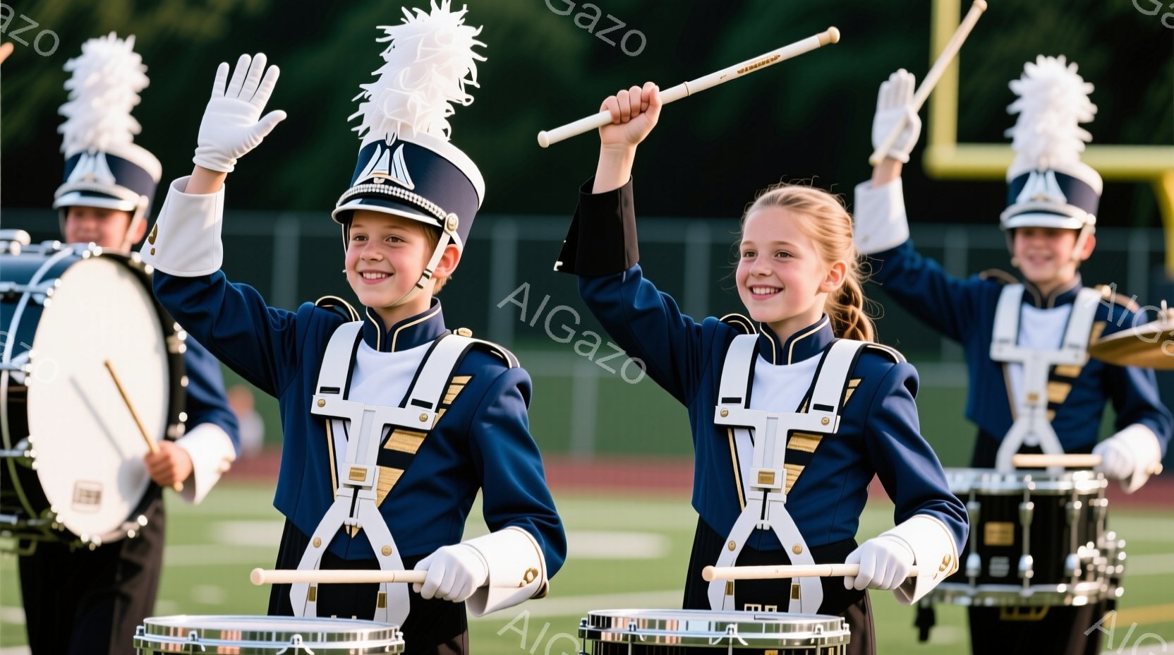 マーチングバンドのメンバーと思われる少年少女たちが、青い制服と白い手袋、帽子を身に着けて、楽器のスティックを高く上げて演奏している。背景は緑色の芝生と観客席が見える運動場であり、晴天の下、活気に満ちた - AI生成フリー素材