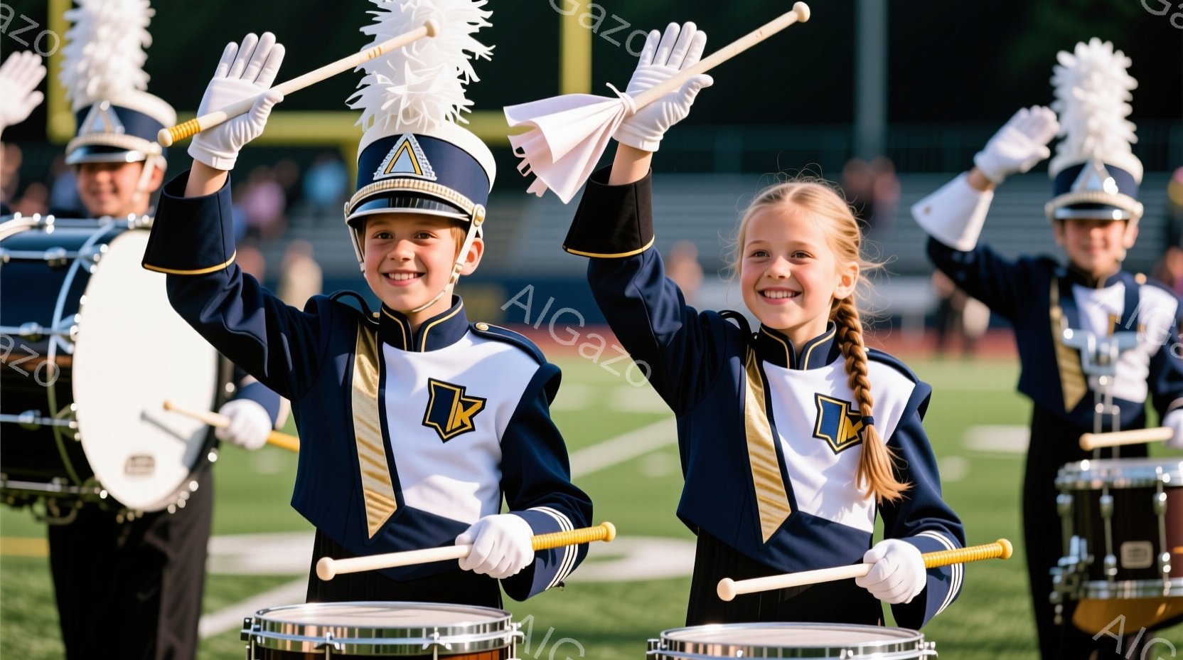 マーチングバンドのメンバーである少年少女たちが、青と白を基調としたユニフォームを着用し、笑顔でドラムスティックを高く掲げています。彼らの後ろには、他のバンドメンバーと楽器、そして緑の芝生とぼやけた背景 - AI生成フリー素材