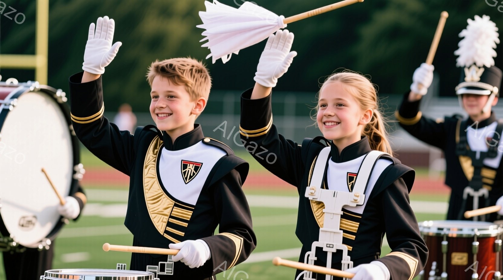 マーチングバンドのメンバーである少年少女が写っている。彼らは黒と金色のユニフォームを着用し、それぞれ白い手袋と楽器（ドラムとバトン）を持っている。背景には緑のフィールドとぼやけた観客席が見え、晴れた日 - AI生成フリー素材
