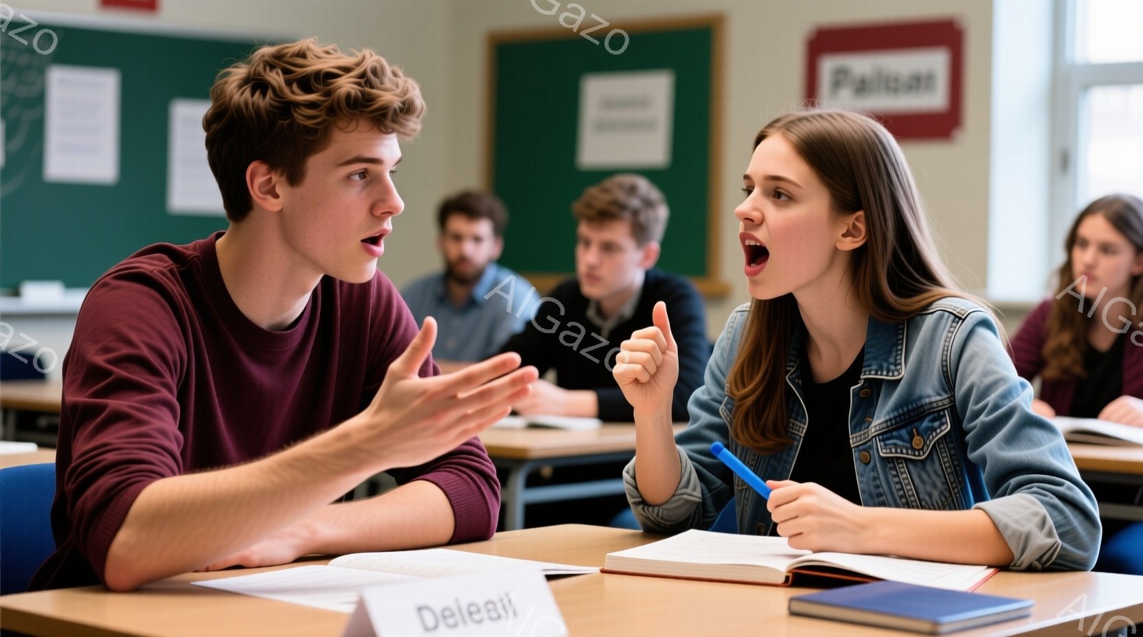 教室で二人の学生が激しく議論している様子が写っている。男子は赤茶色の長袖シャツを着ており、片手を挙げて何かを主張している。女子はデニムジャケットと白いシャツを着ており、片手を指して強い表情で反論してい - AI生成フリー素材