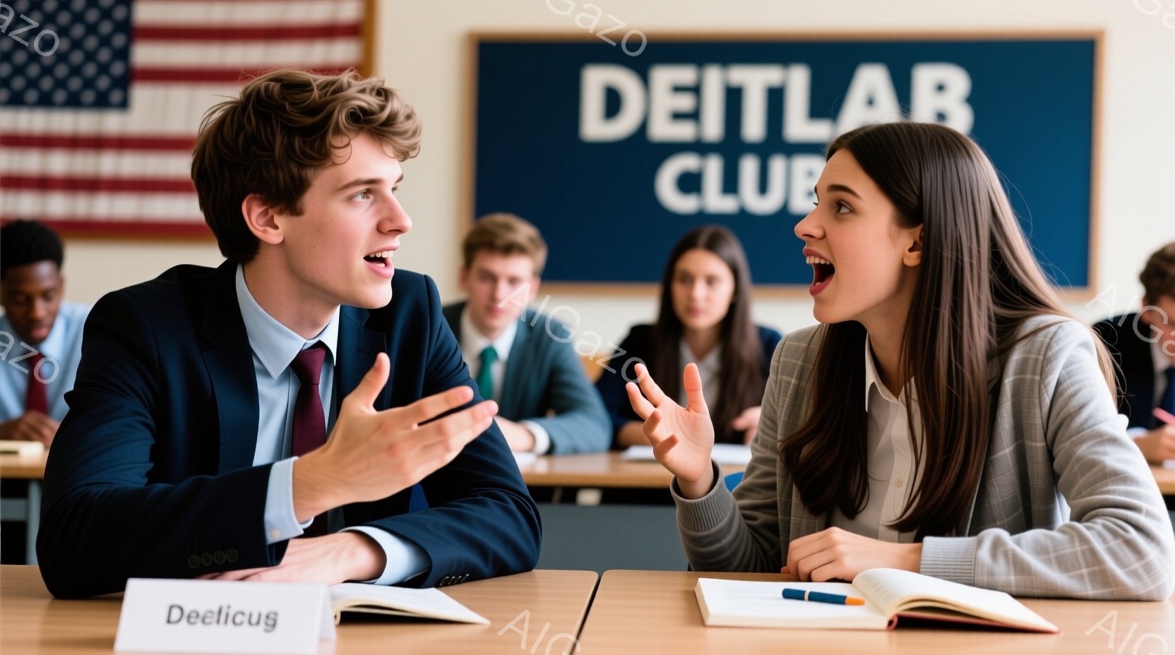 教室の中、若い男女が議論を交わしている様子が写っている。男性は紺色のスーツに赤いネクタイ、髪は短く整えられ、熱心に身振り手振りを交えながら話している。女性はグレーのセーターを着ており、やや驚いたような表情で大きく口を開けているが、その視線は男性に向けられている。