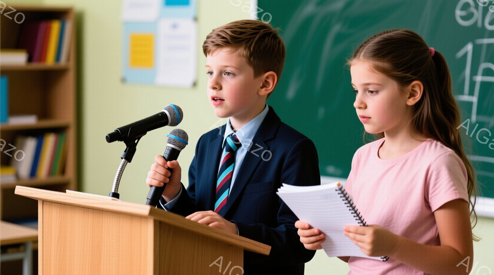 男の子は壇上に立ち、ネクタイとブレザーを着てマイクに向かって話しています。女の子はピンクのシャツを着て、ノートを見下ろしながら少し緊張した表情をしています。背景には本棚と黒板があり、学校の教室のような雰囲気で、子供たちがプレゼンテーションや発表をしている場面だと考えられます。