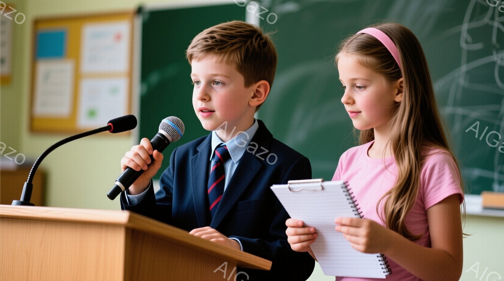 少年はネクタイとブレザーを着て、演台の前に立ち、マイクに向かって話しています。少女はピンクのシャツを着て、ノートを手に持ち、少し下を向いて集中しています。背景には黒板があり、学校のような雰囲気で、子供たちが発表会やスピーチをしている場面だと考えられます。