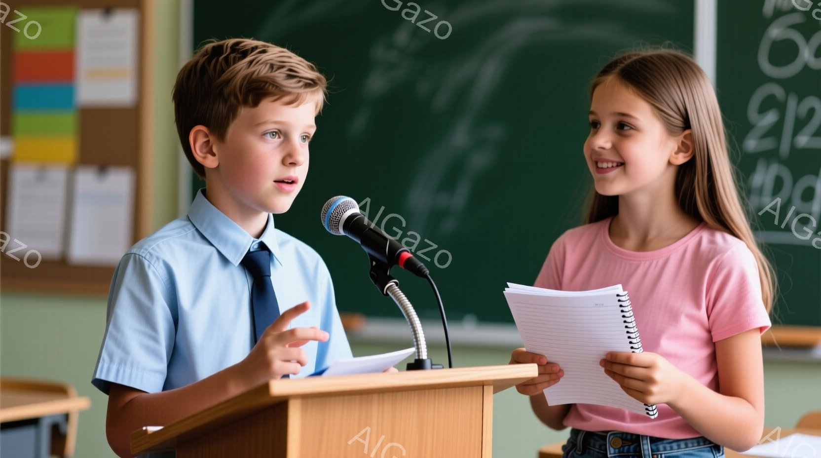 男の子は講壇の前に立って、片手に書類を持ち、もう片手で身振り手振りしながら話しています。彼は青いシャツを着ており、真剣な表情で何かを説明しているようです。女の子は彼の隣に立ち、ノートを見ながら笑顔で彼を見ています。
