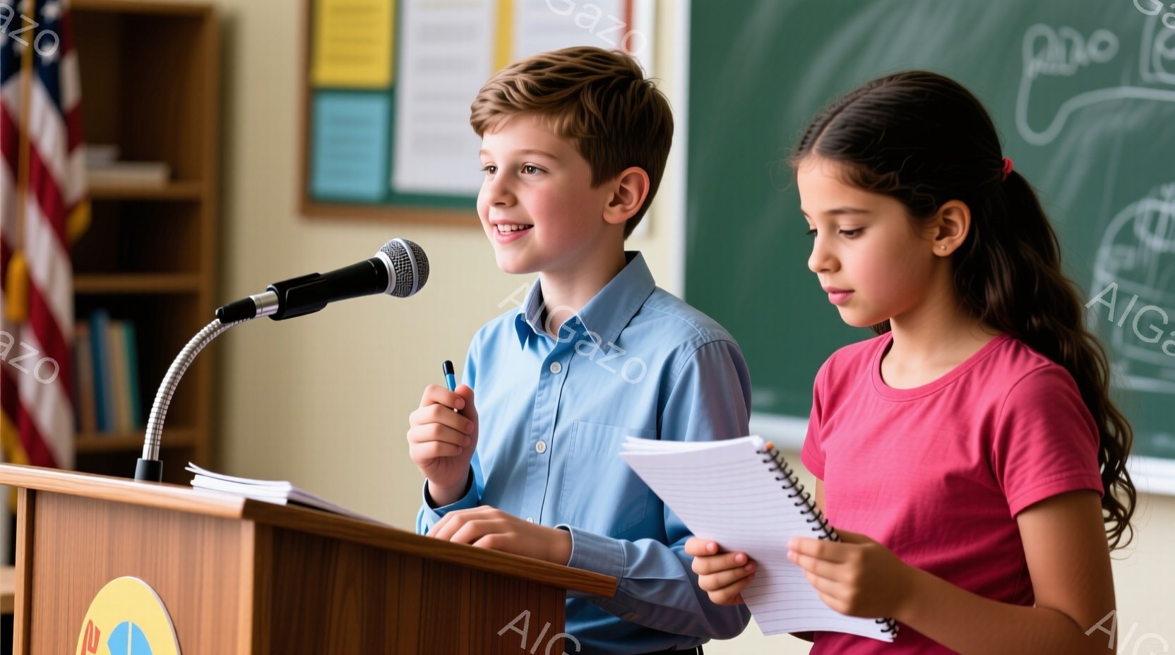 少年は演壇の前で話し、マイクに向かって笑顔で何かを説明しています。彼は青いシャツを着ており、髪は短く整えられています。少女はピンクのシャツを着て、ノートを手に、少し緊張した表情で少年の隣に立っています。