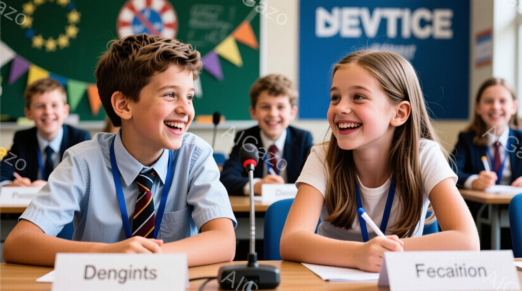 複数の子供たちが、整然と並んだ机の周りに座り、楽しそうに笑っています。彼らはそれぞれネクタイと制服を着ており、明るい表情と活発なヘアスタイルが印象的です。背景には、色とりどりの旗と「DEVTICE」と - AI生成フリー素材