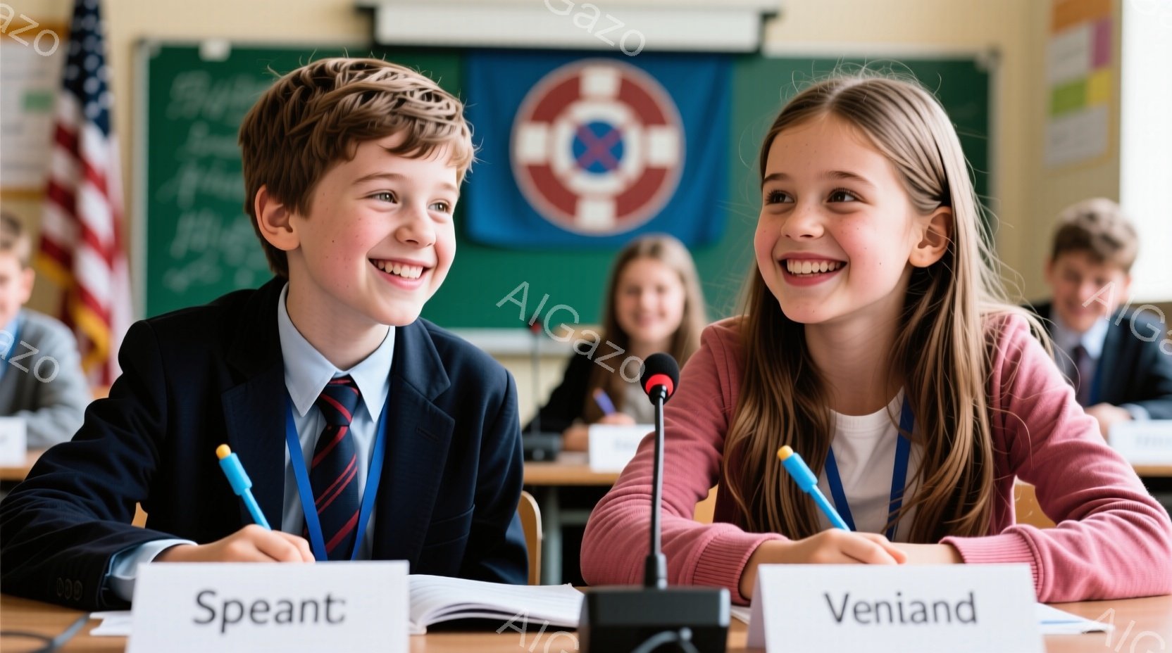 少年と少女が国連の会議のような場所で、笑顔で座っています。少年はネクタイとブレザーを着ており、髪は短く整えられています。少女はピンク色のセーターを着て、髪を後ろで結んでいます。